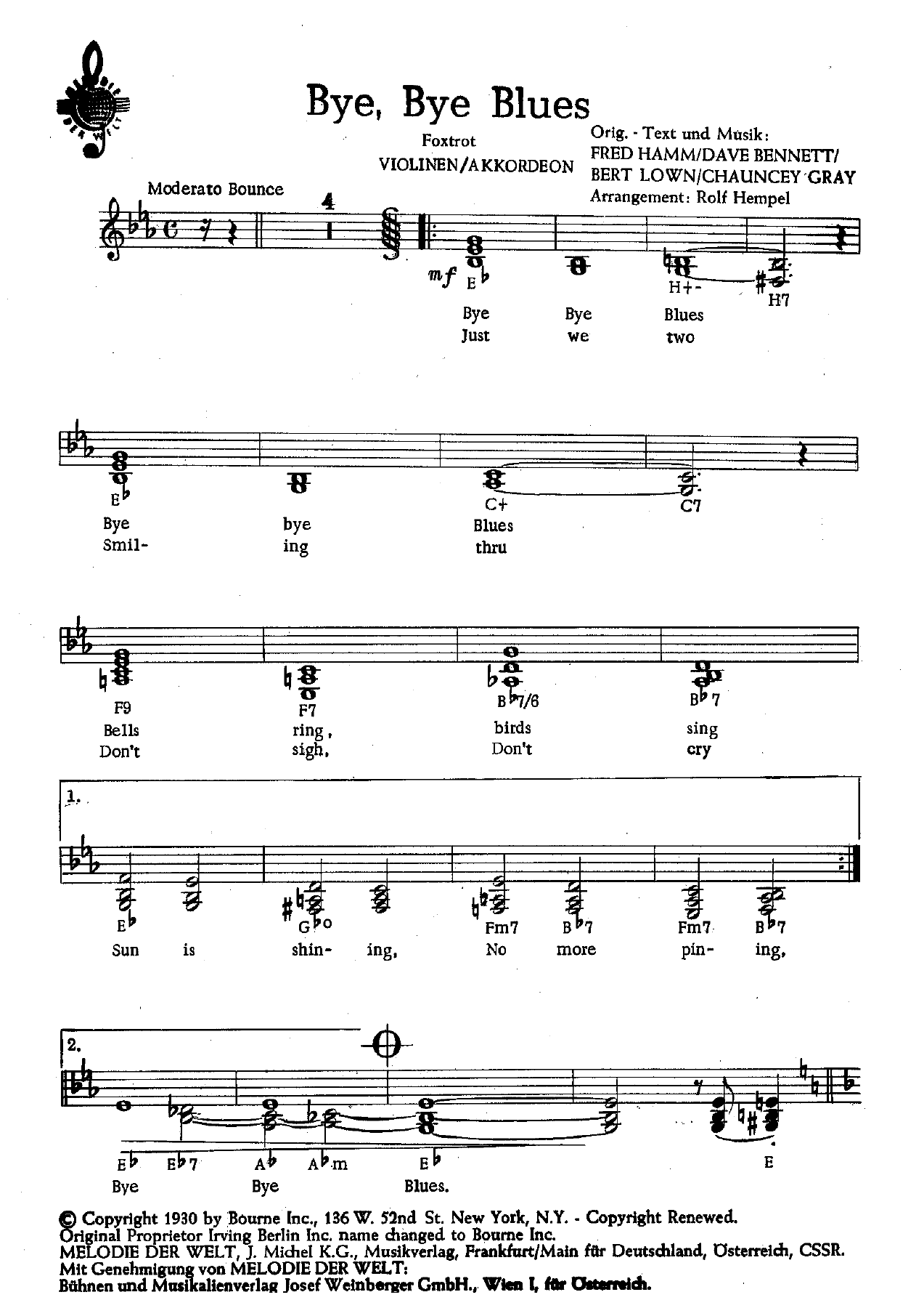 Bye Bye Blues — sheet music cover (first page)