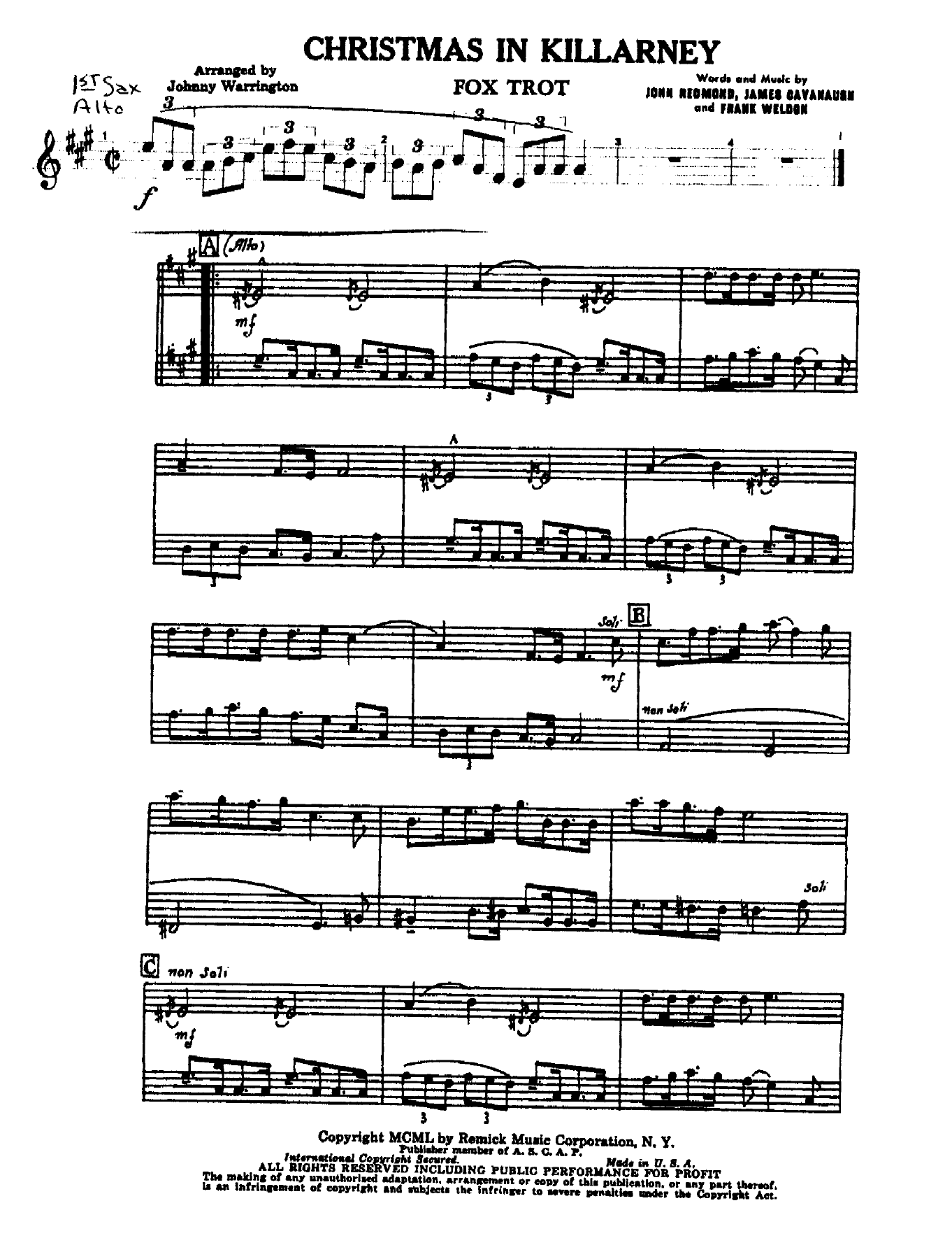 Christmas In Killarney — Big Band sheet music by J. Warrington | Foxtrot