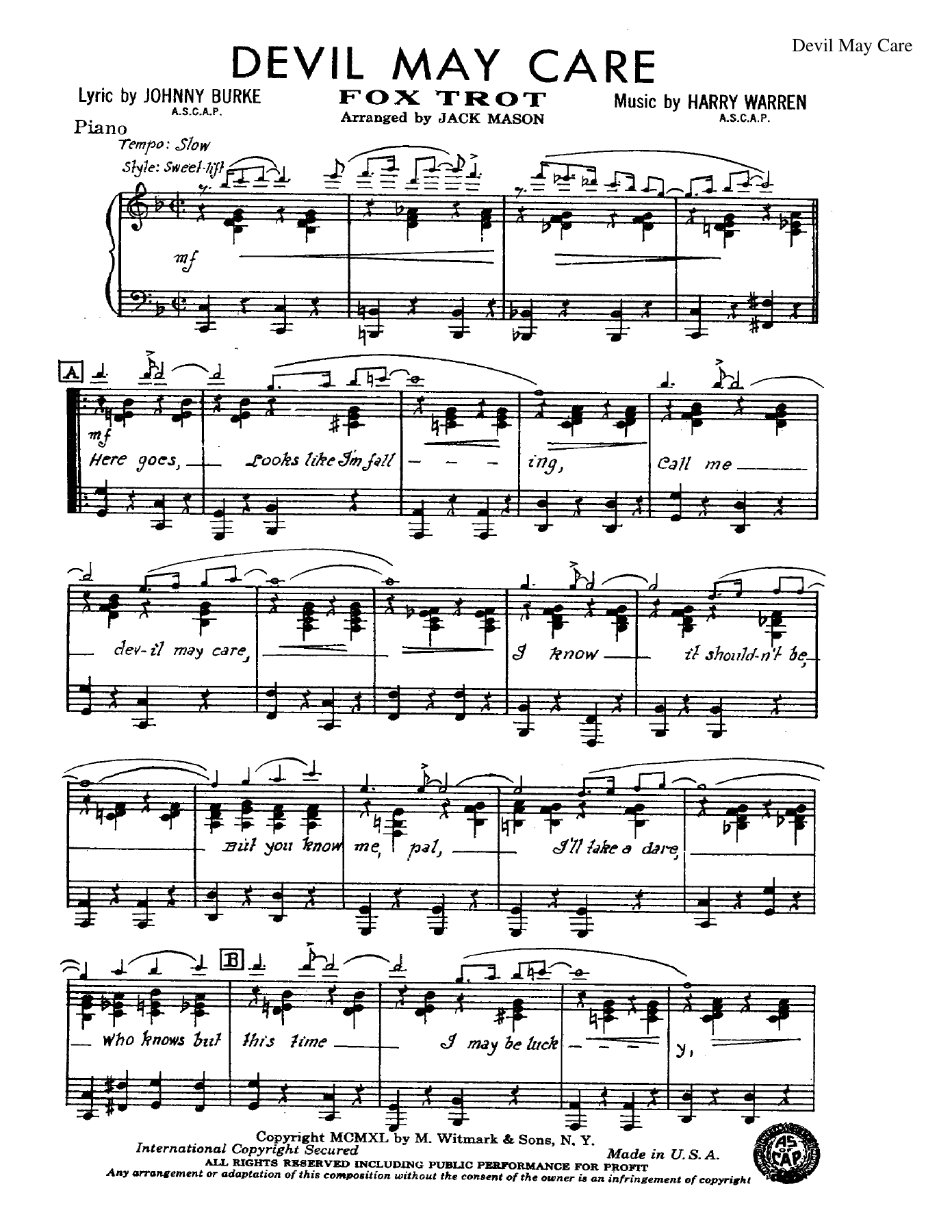 Devil May Care — sheet music cover (first page)