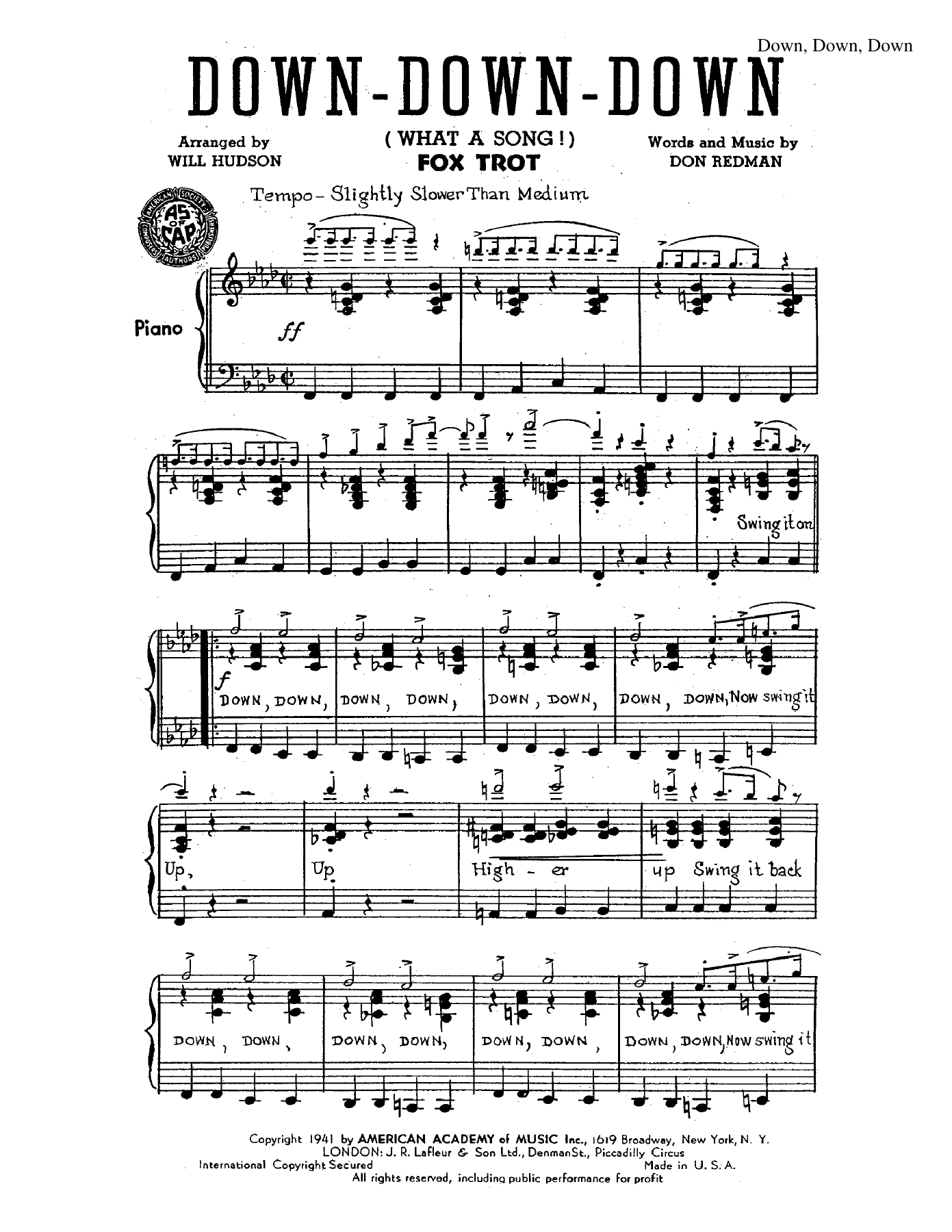 Down Down Down — sheet music cover (first page)