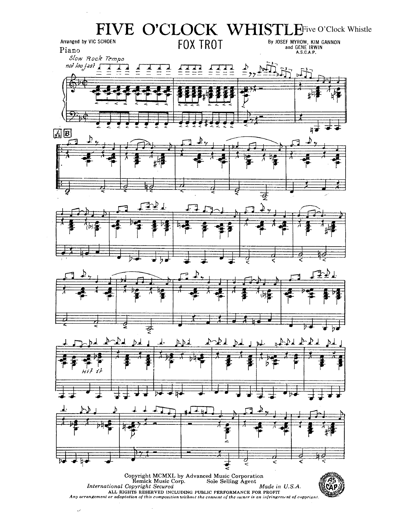 Five O'Clock Whistle — sheet music cover (first page)