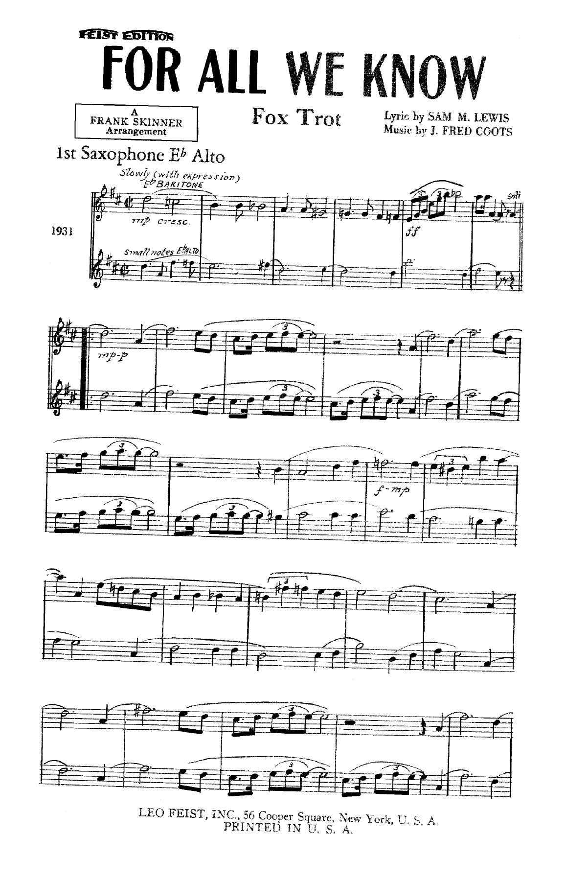 For All We Know — sheet music cover (first page)