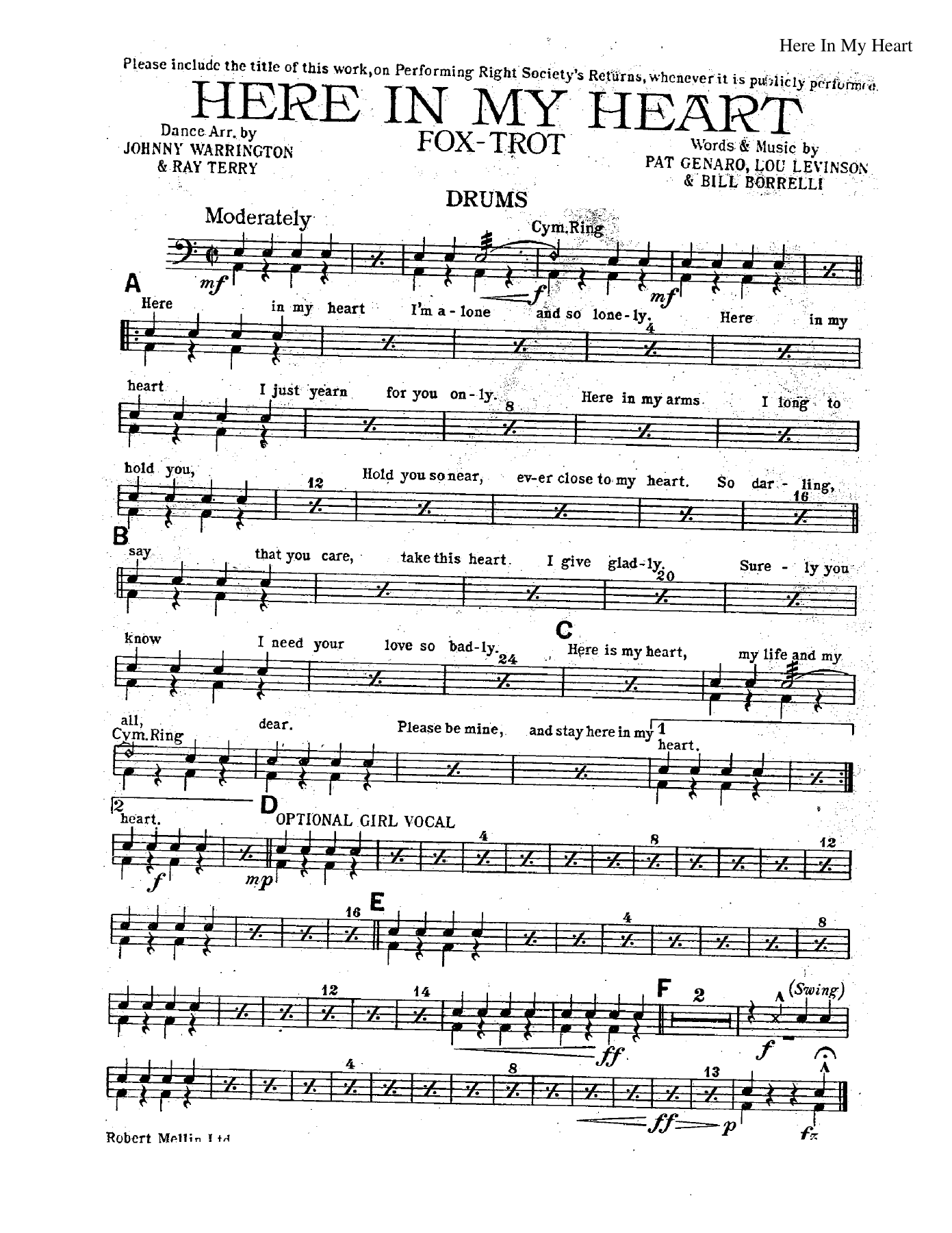 Here In My Heart — sheet music cover (first page)