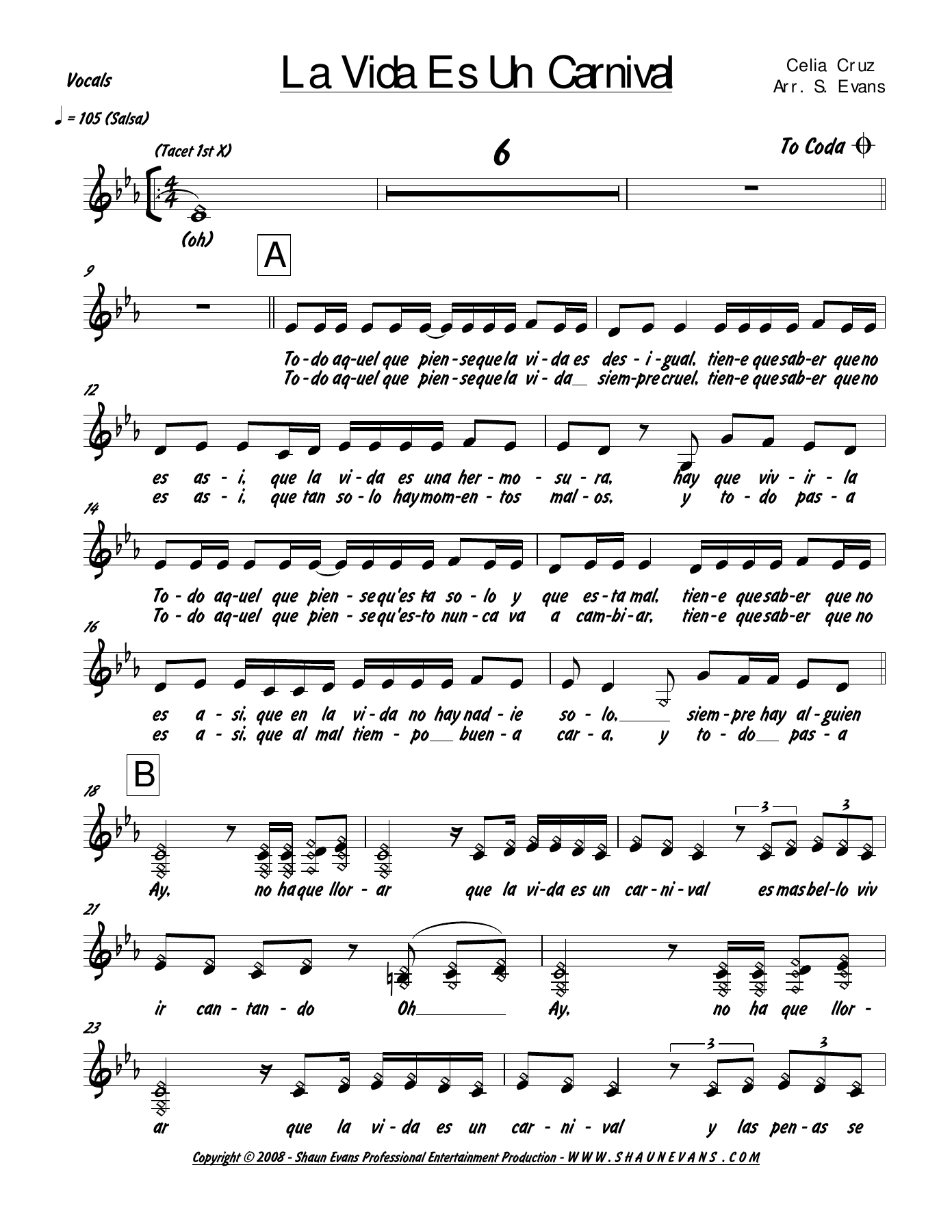 La Vida Es Un Carnival — sheet music cover (first page)