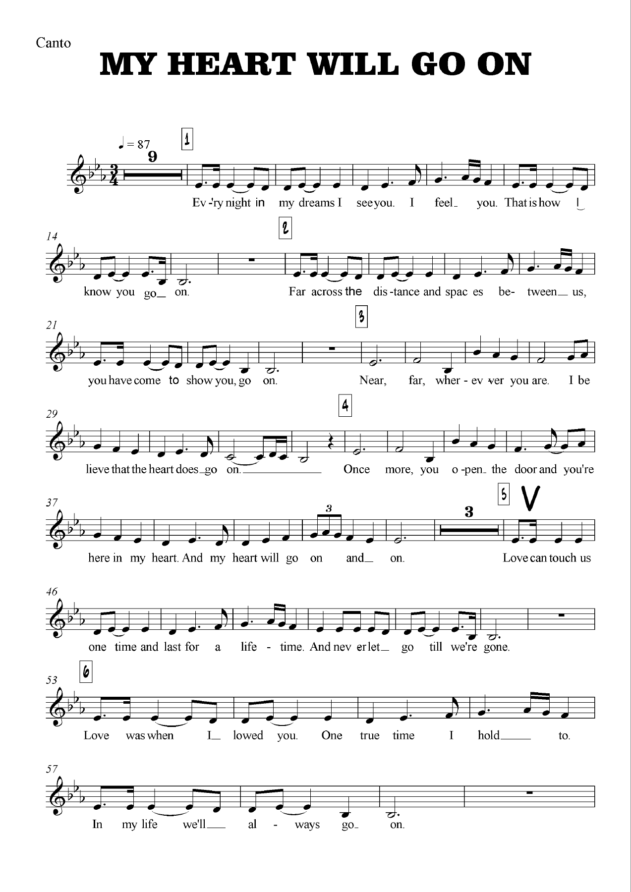 My Heart Will Go On — sheet music cover (first page)