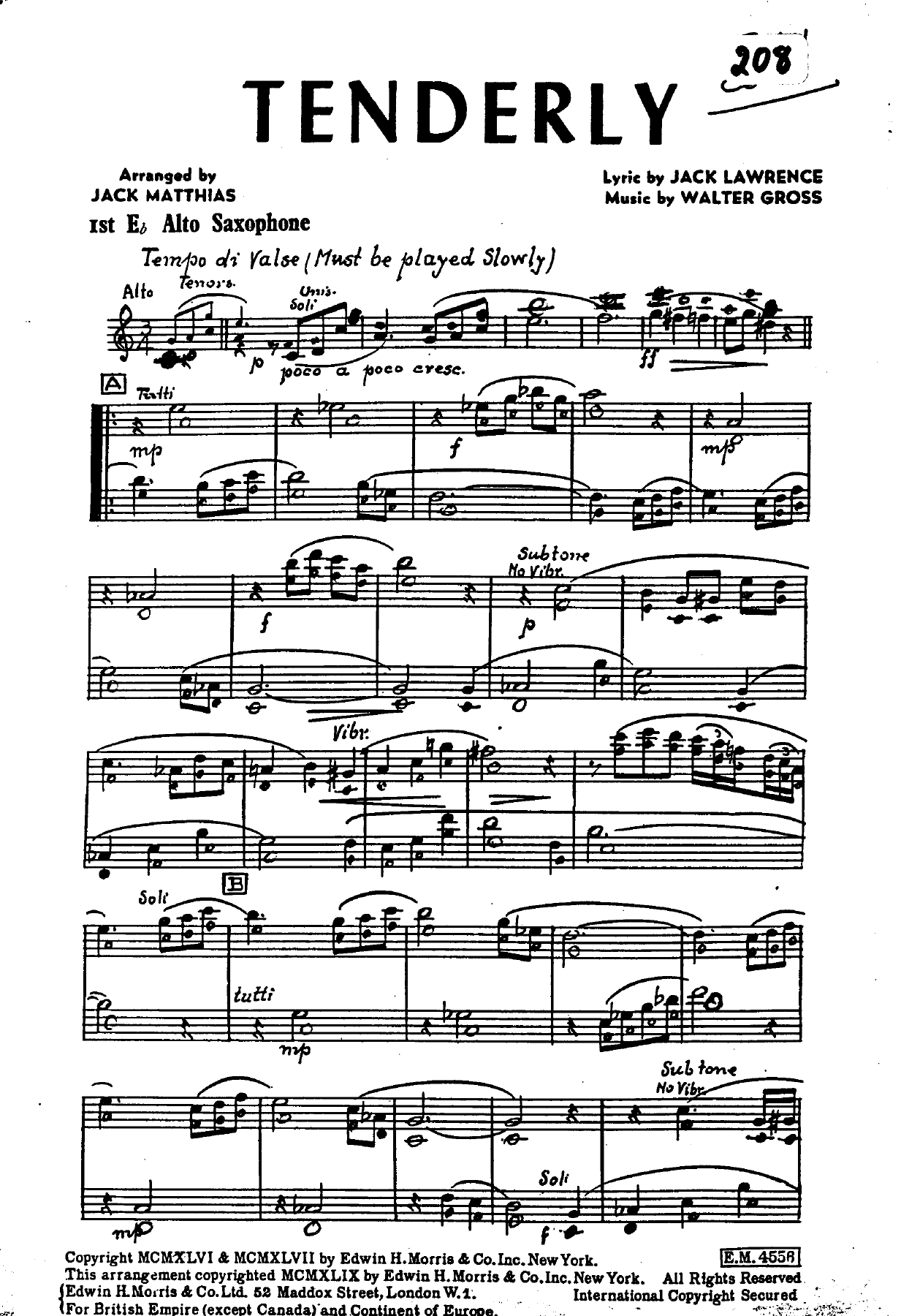 Tenderly — sheet music cover (first page)
