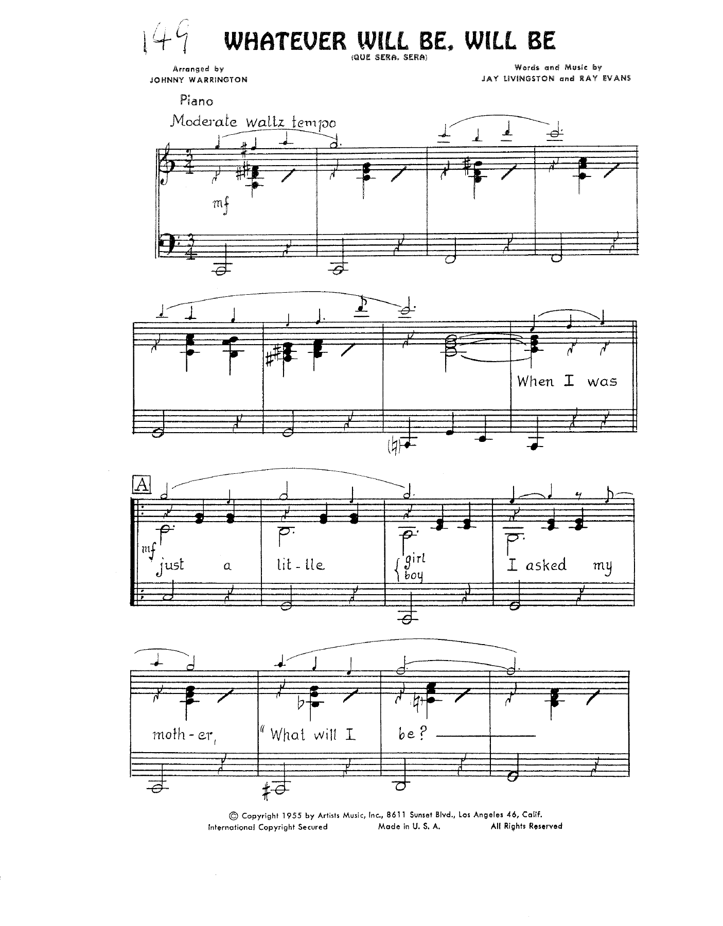 Que Sera Sera — sheet music cover (first page)