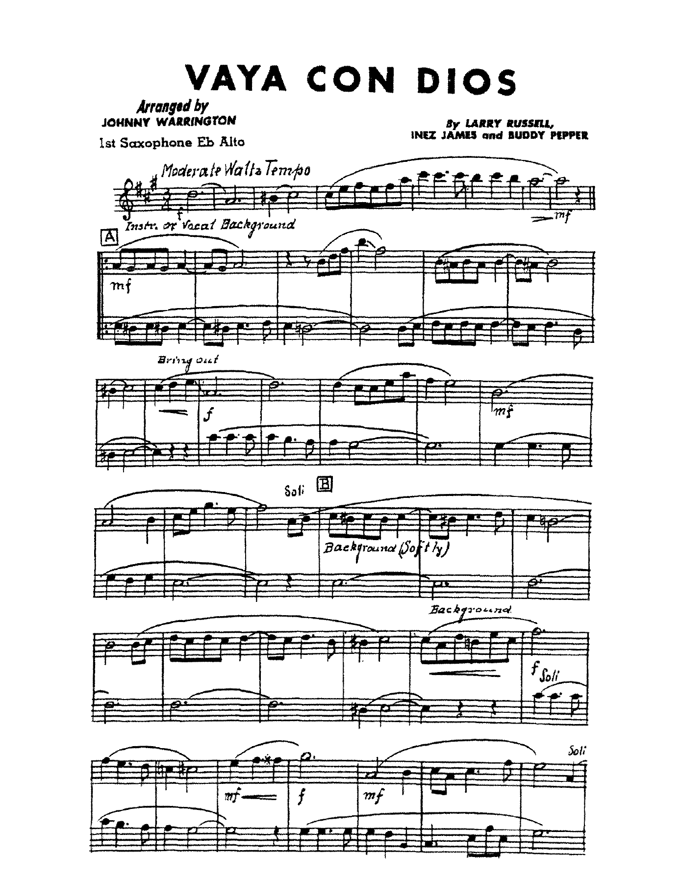 Vaya Con Dios — Big Band sheet music arranged by J. Warrington | Waltz