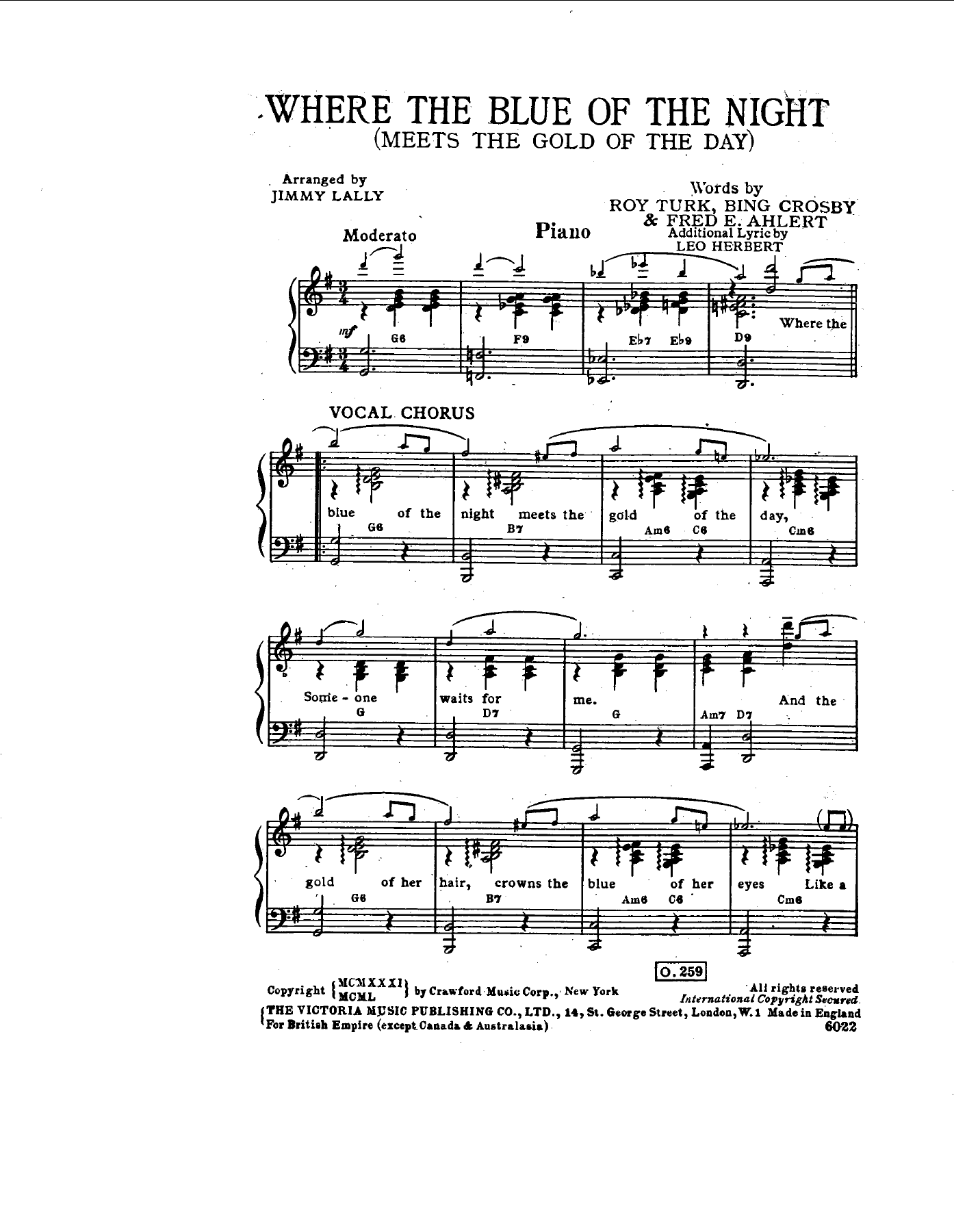 Where The Blue Of The Night — Big Band sheet music arranged by J. Lally | Waltz