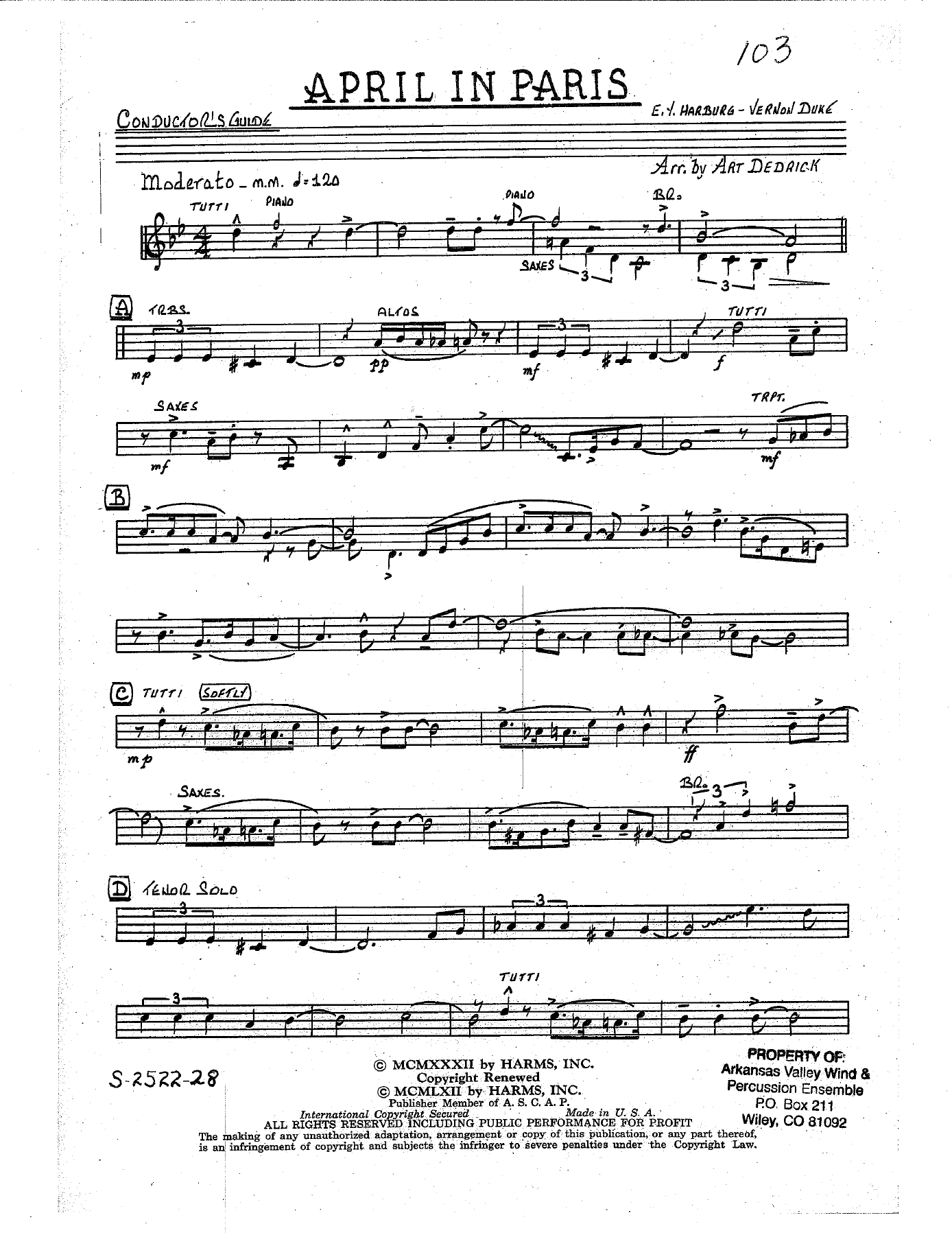 April In Paris — Big Band sheet music arranged by A.Dedrick | Jazz Standard