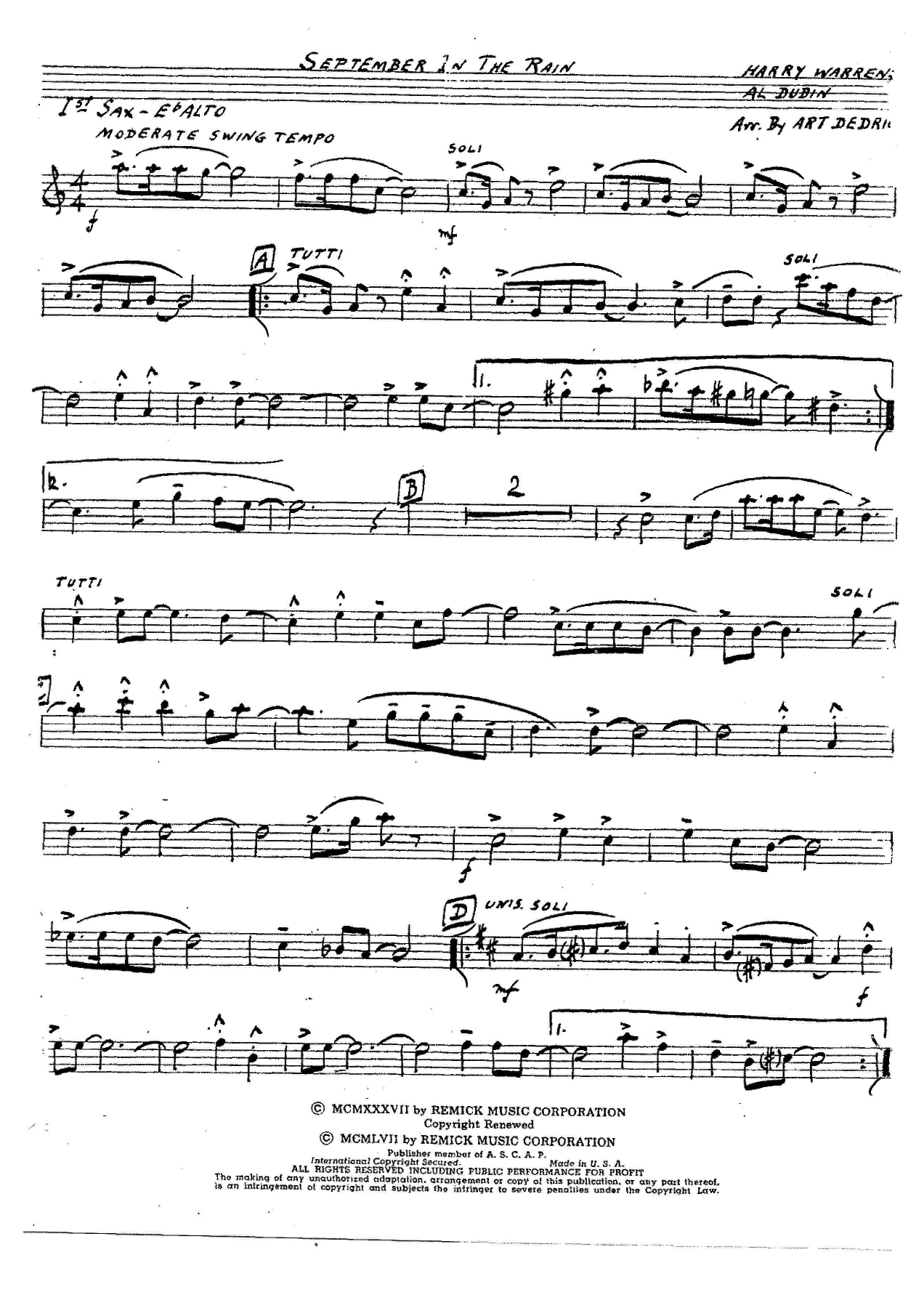 September In The Rain — Big Band sheet music arranged by A.Dedrick | Jazz Standard