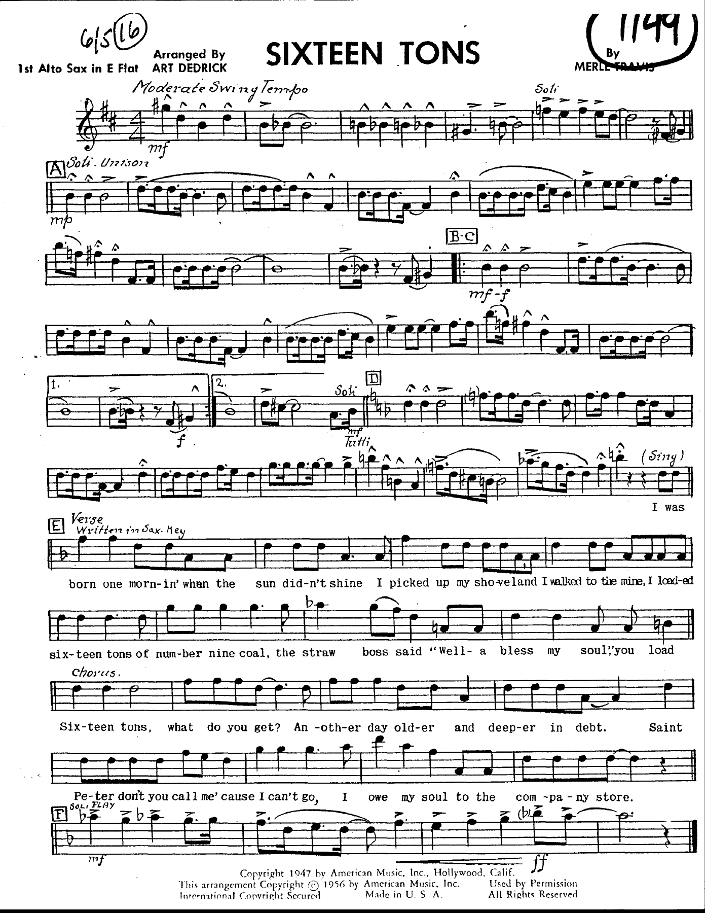 Sixteen Tons — sheet music cover (first page)