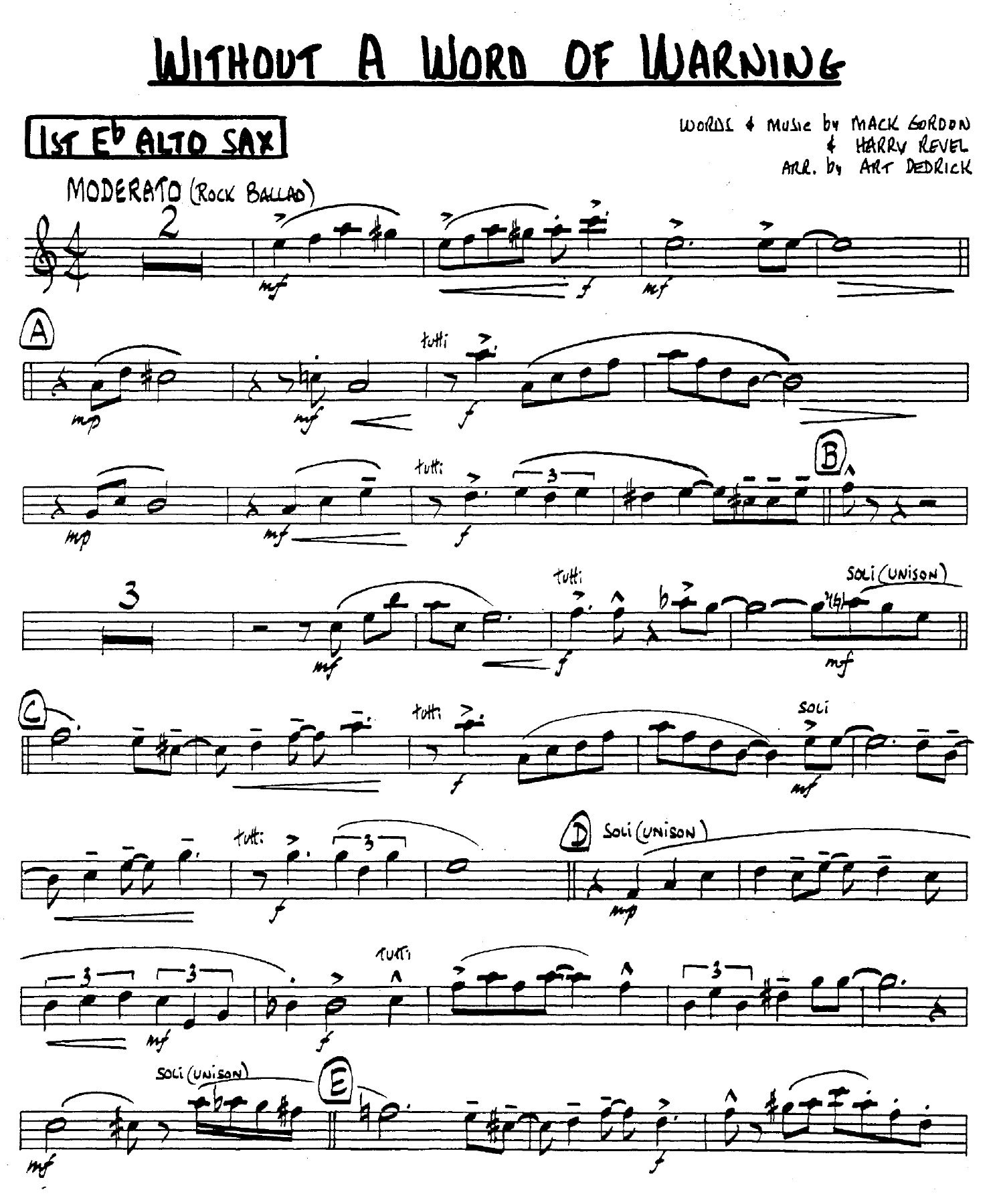 Without A Word Of Warning — sheet music cover (first page)