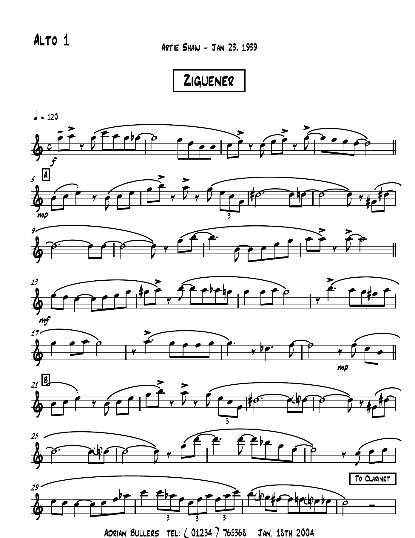Zigeuner  (A.Shaw) A.Shaw — Big Band sheet music arranged by Artie Shaw | Jazz Standard