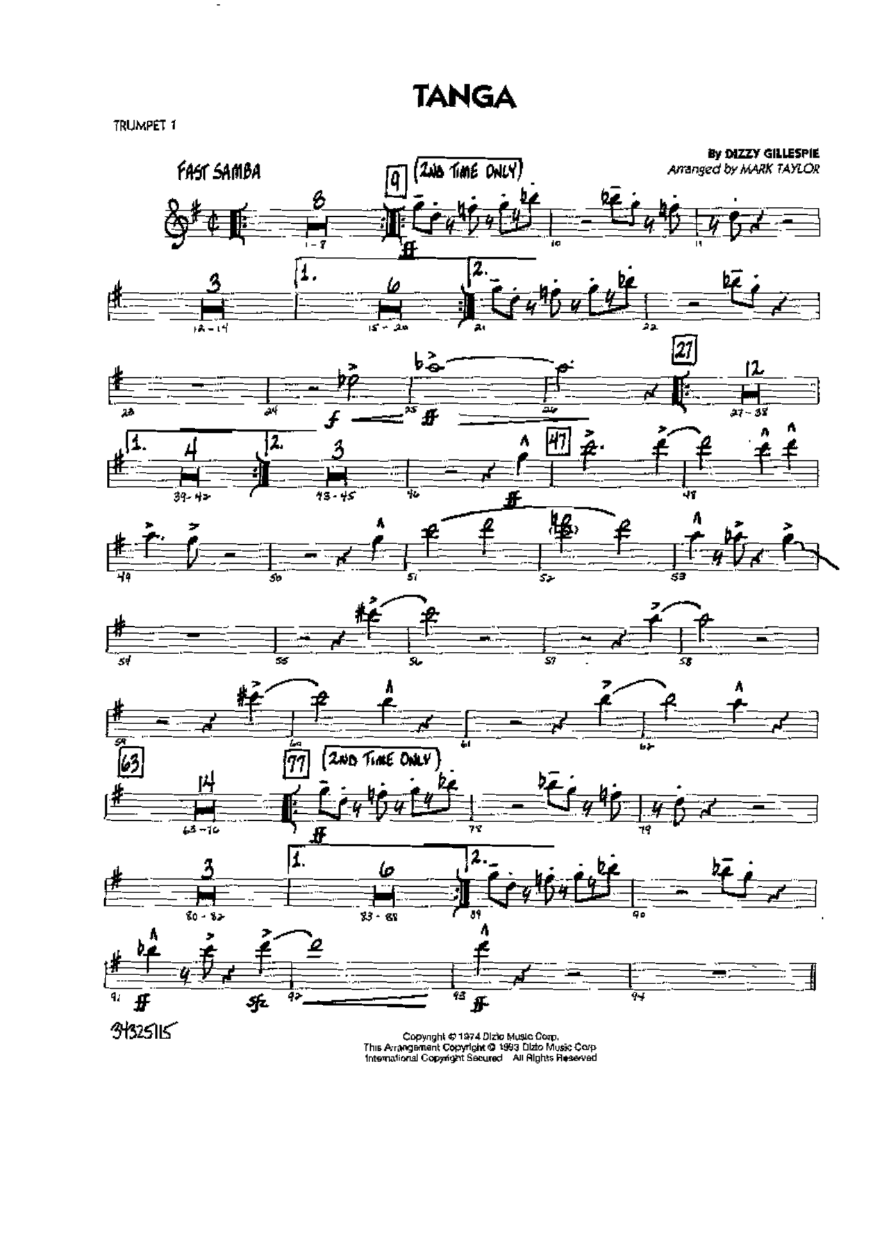Tanga (M.Taylor) A.Sandoval — Big Band sheet music arranged by Arturo Sandoval-Ed Calle | Jazz Standard