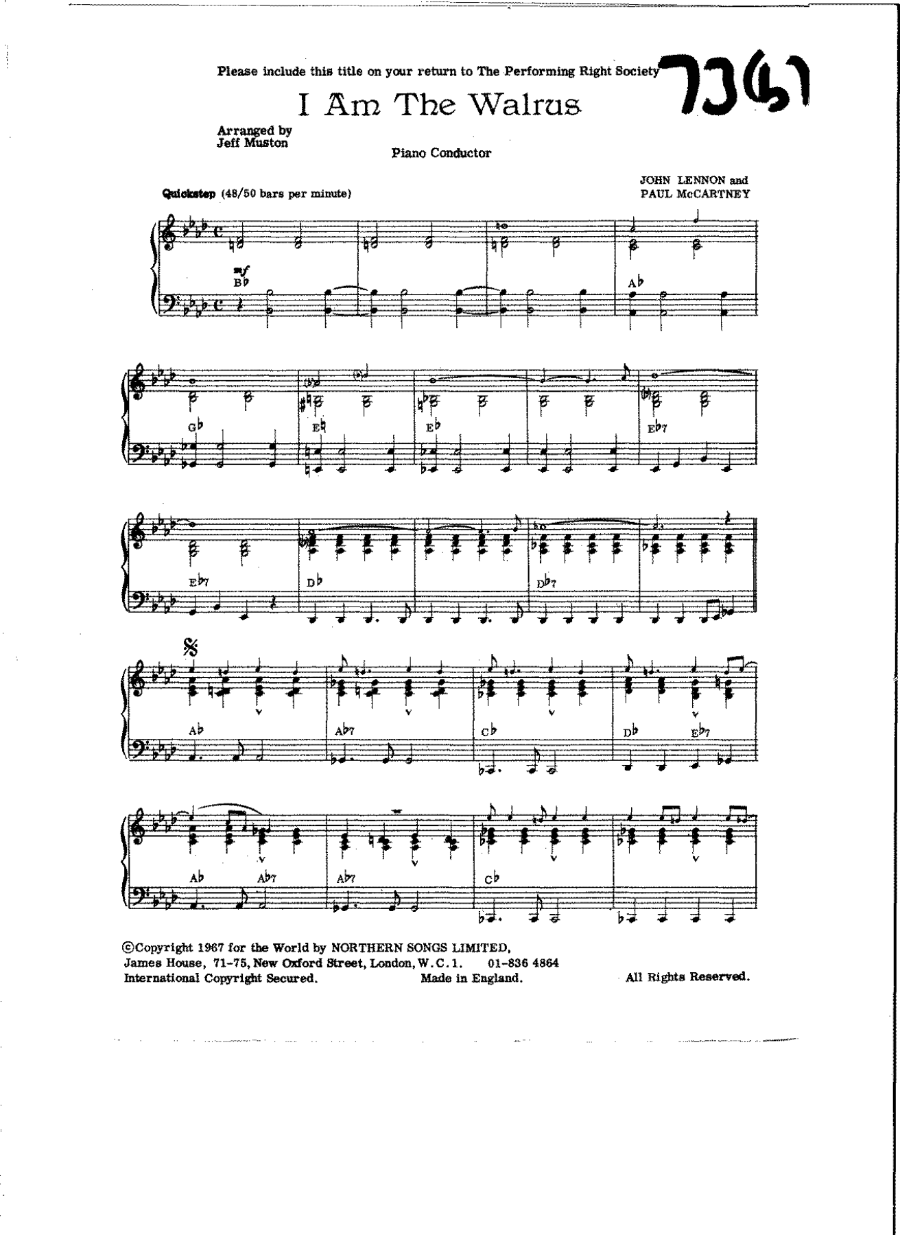 I Am Walrus (J.Muston) Beatles — sheet music cover (first page)