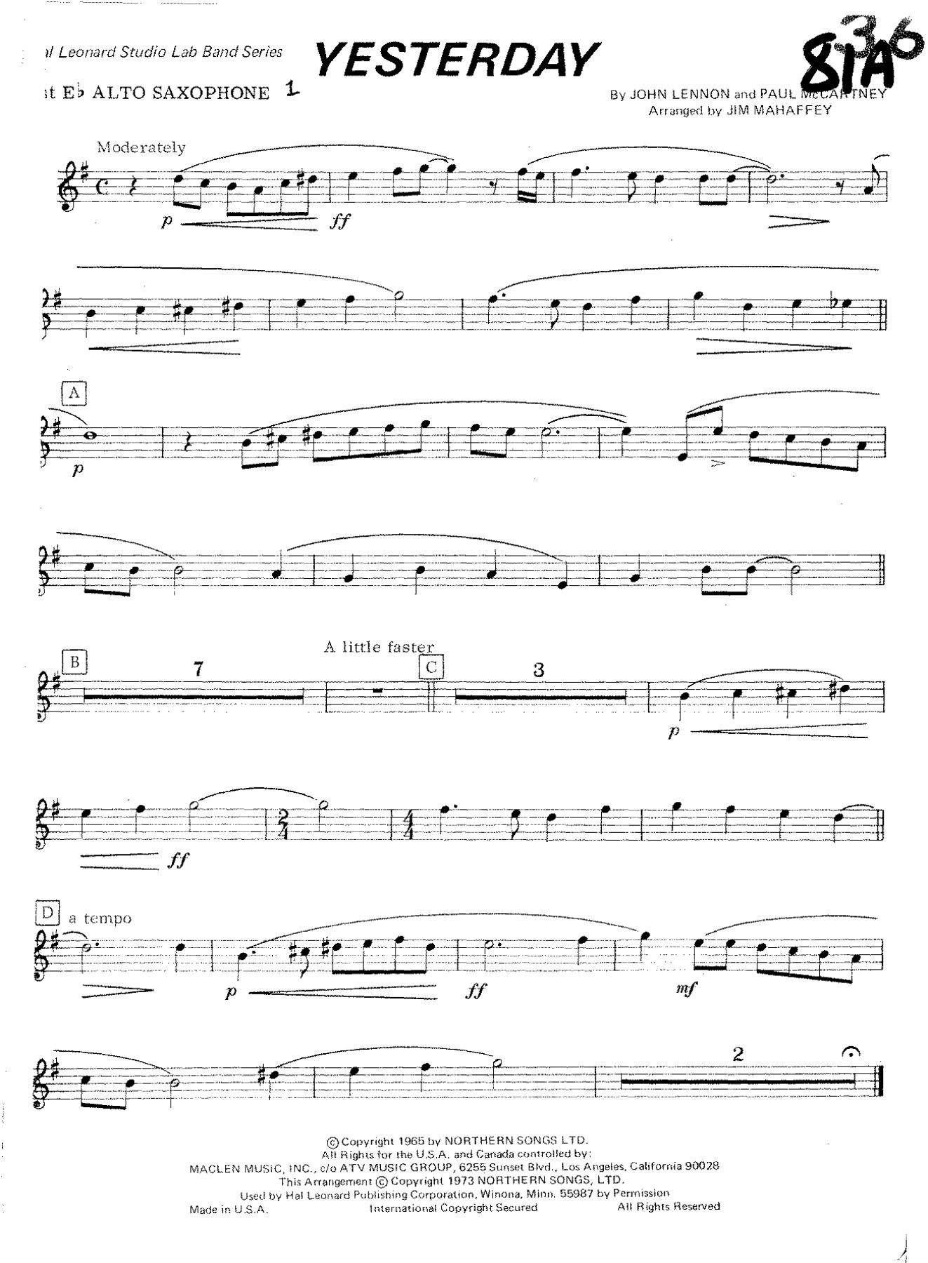 Yesterday — sheet music cover (first page)