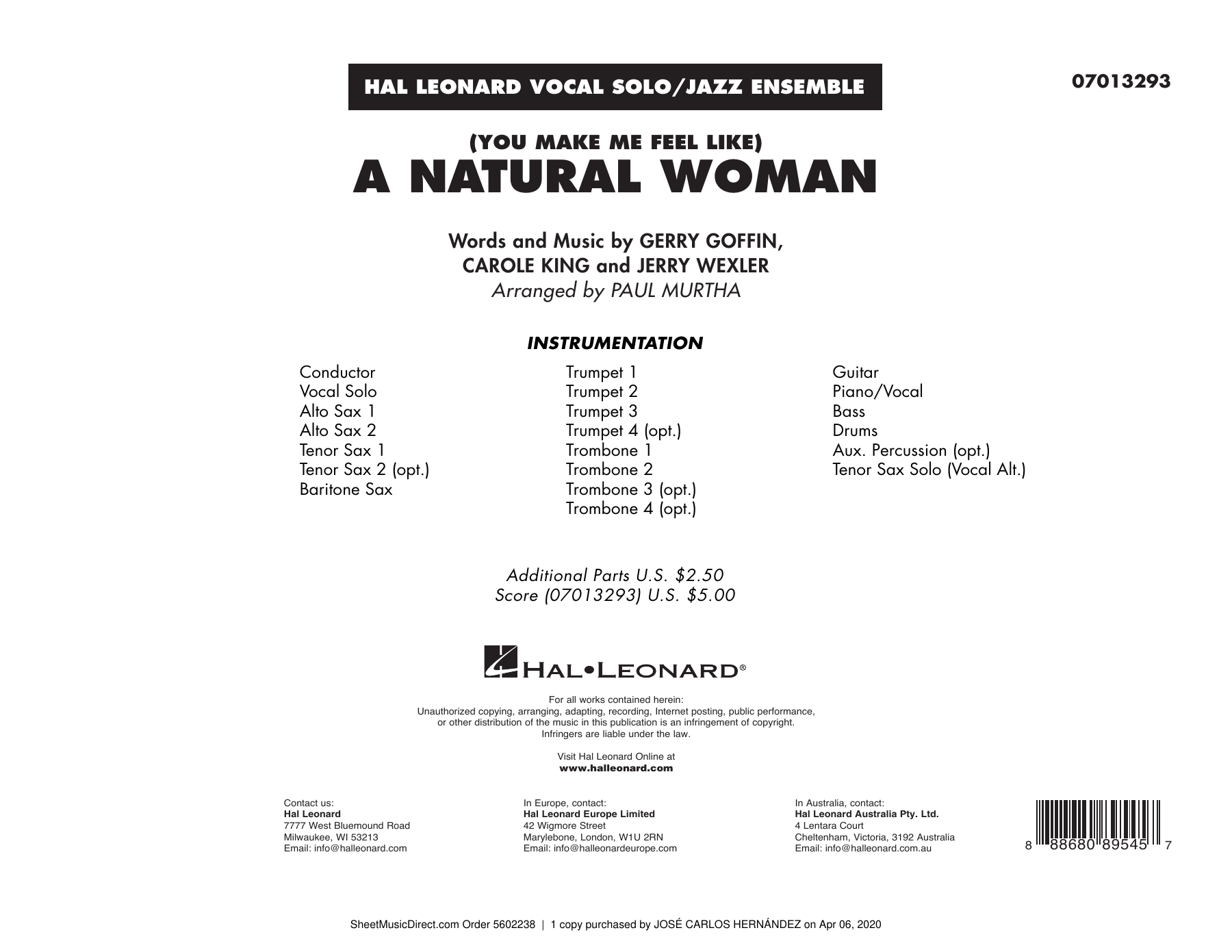 A Natural Woman — sheet music cover (first page)