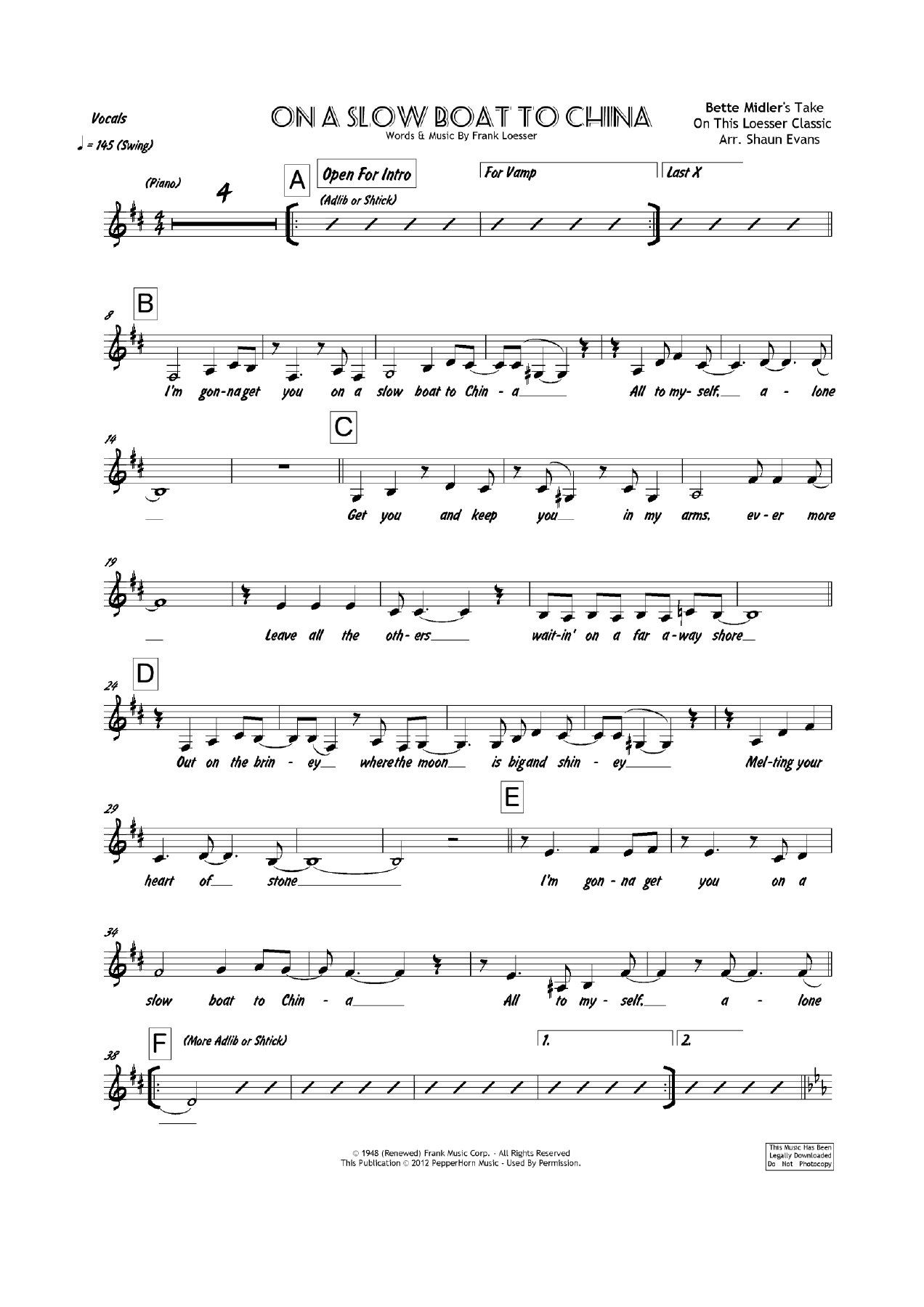 On A Slow Boat To China (S.Evans-B.Midler) Vocal — sheet music preview
