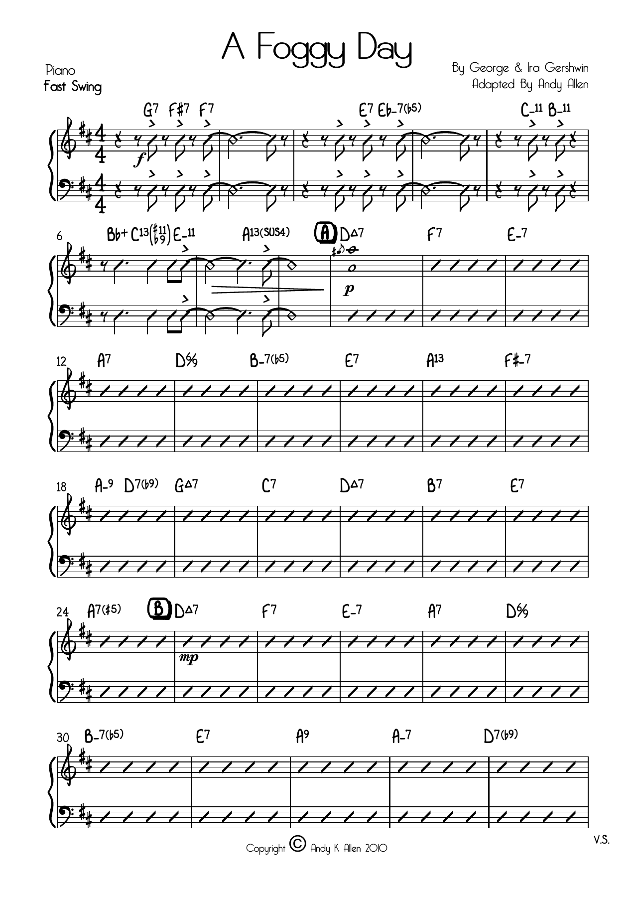 A Foggy Day Piano — big_band_vocal sheet music arranged by Andy Allen | Jazz Standard