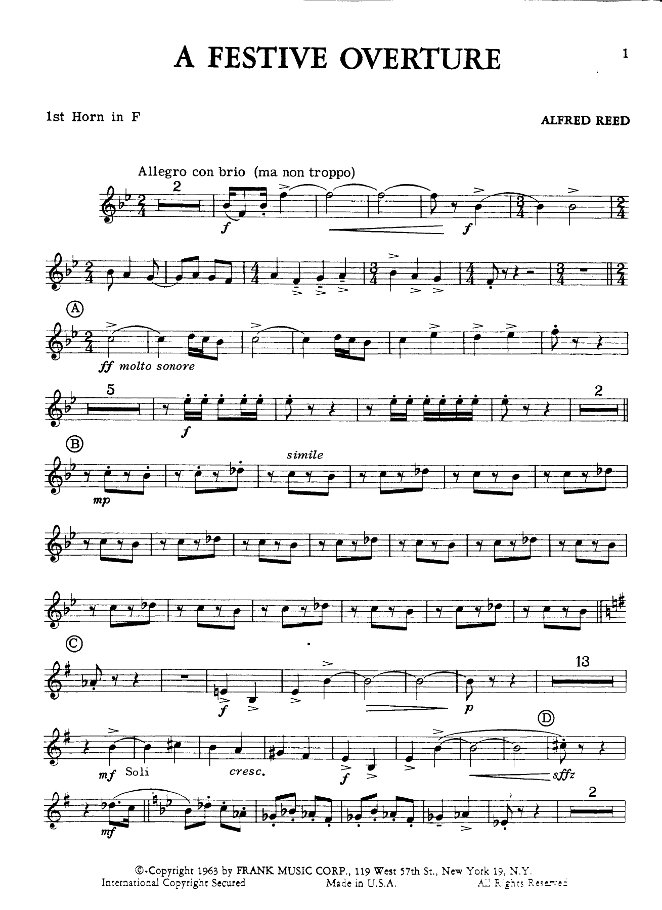 Horn in f I — concert_band sheet music arranged by Alfred Reed | Traditional