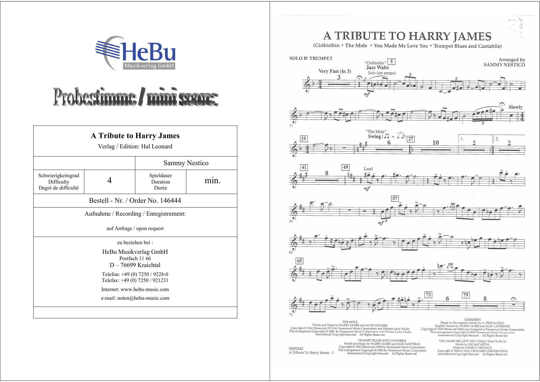 A Tribute To Harry James — sheet music cover (first page)
