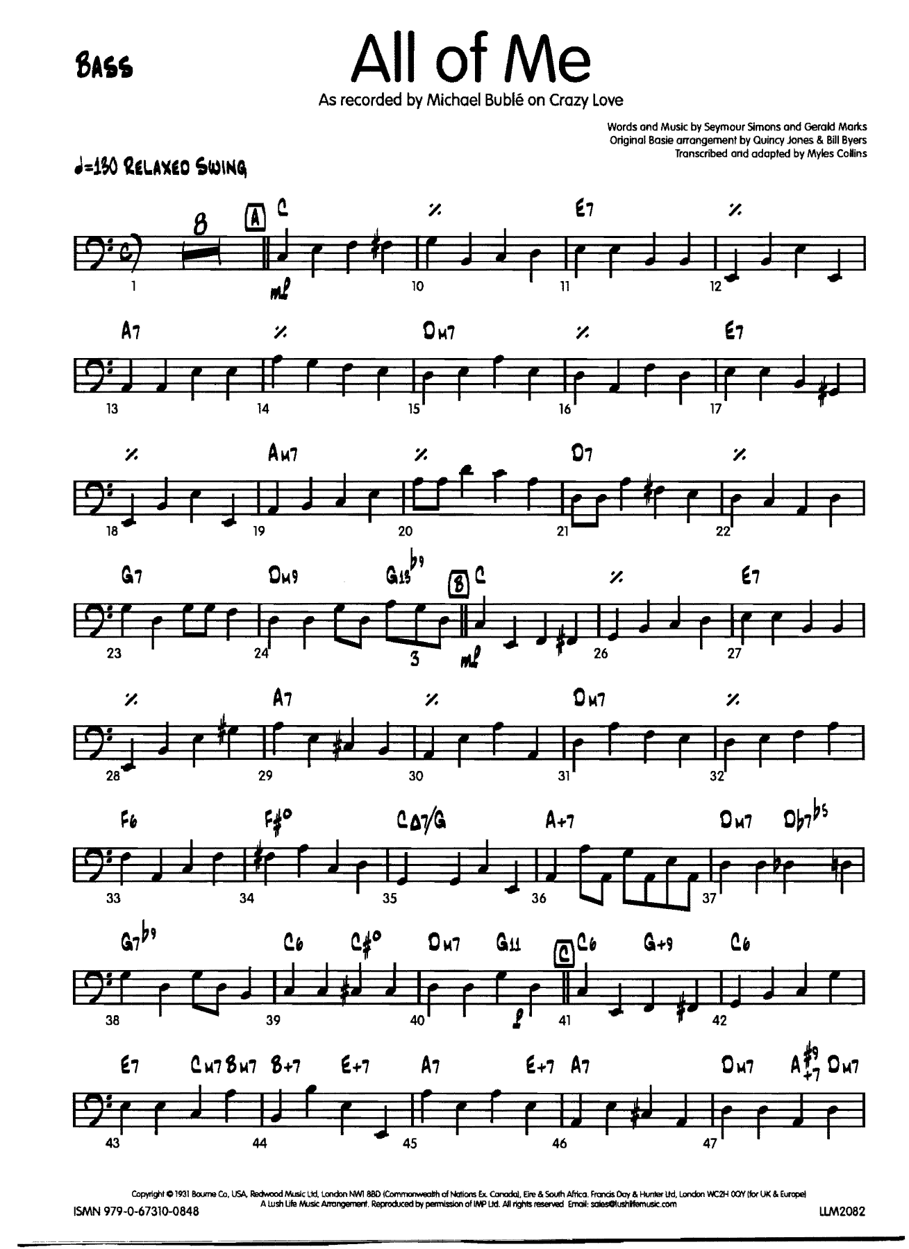 All of me Bass — big_band_vocal sheet music arranged by Myles Collins | Jazz Standard