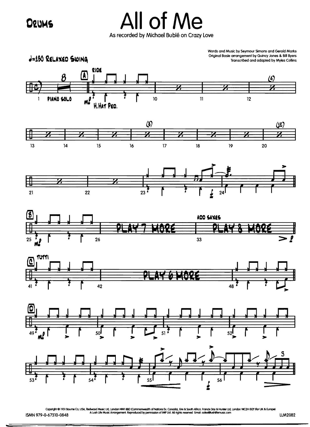 All of me Drums — big_band_vocal sheet music arranged by Myles Collins | Jazz Standard