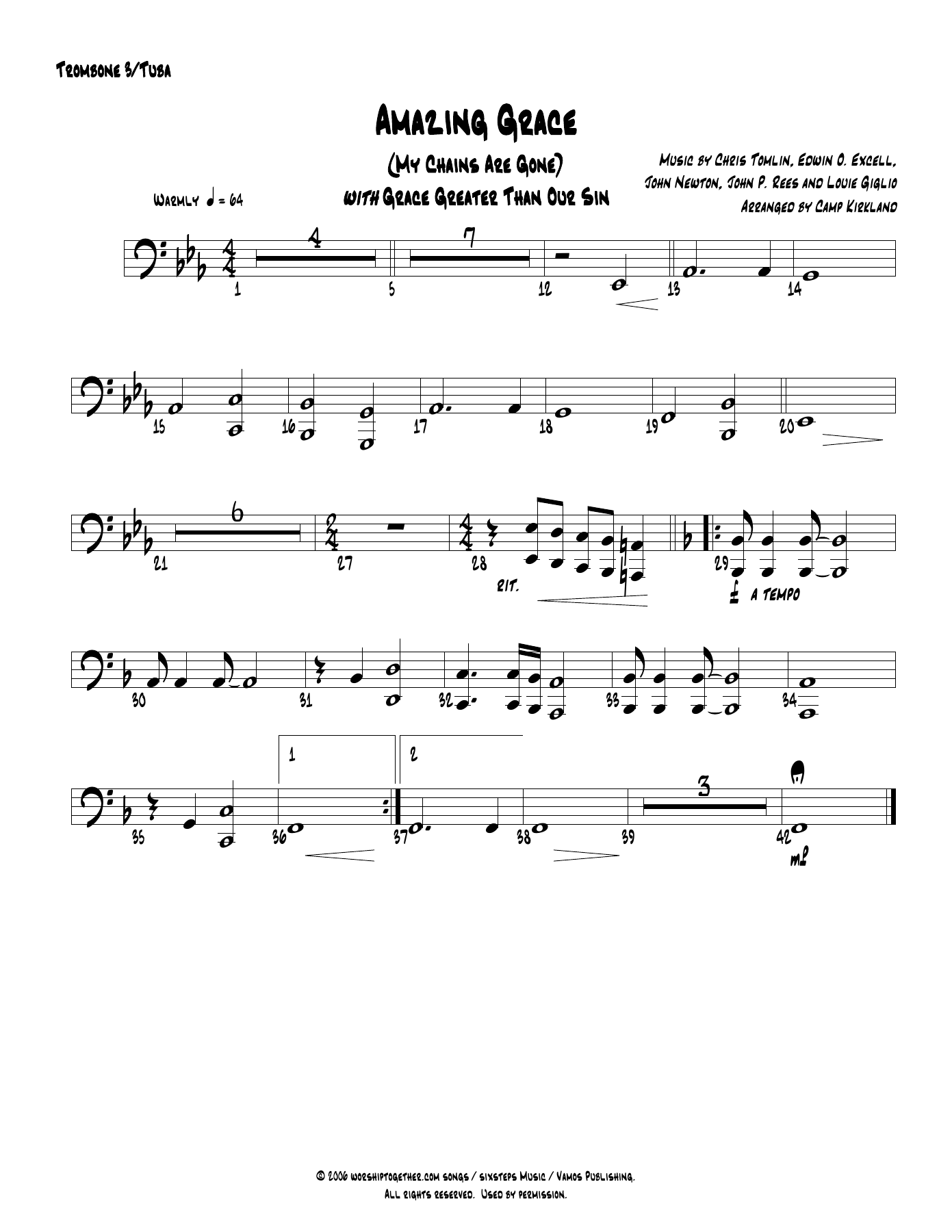 Amazing Grace Trombone 3 Tuba — concert_band sheet music arranged by Camp Kirkland | Traditional