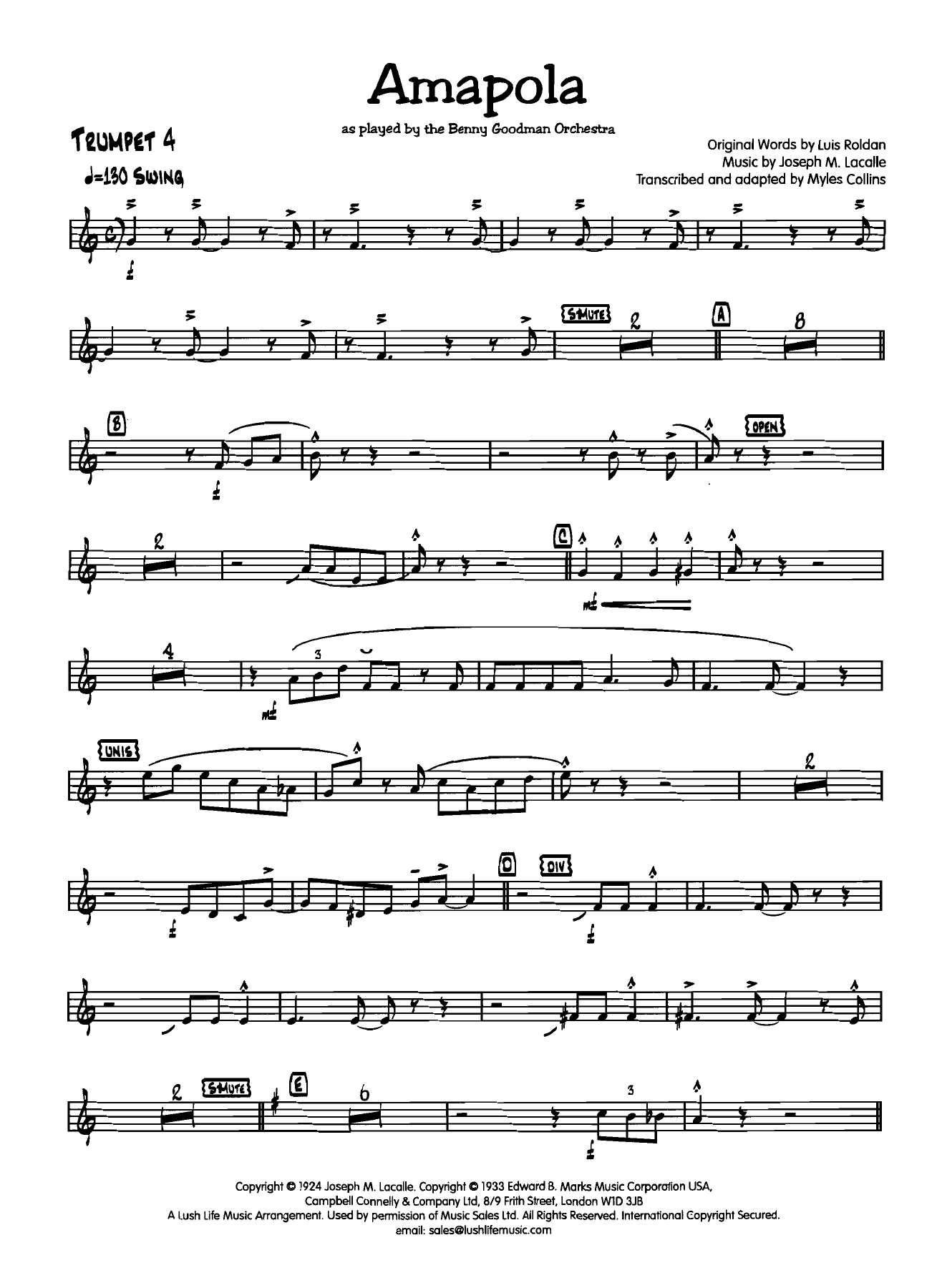 Amapola 4 Trumpet — big_band_vocal sheet music arranged by Myles Collins | Latin Jazz