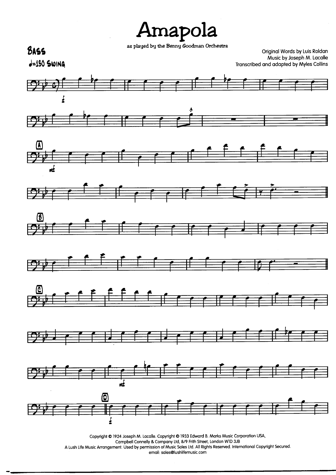 Amapola Bass001 — big_band_vocal sheet music arranged by Myles Collins | Latin Jazz