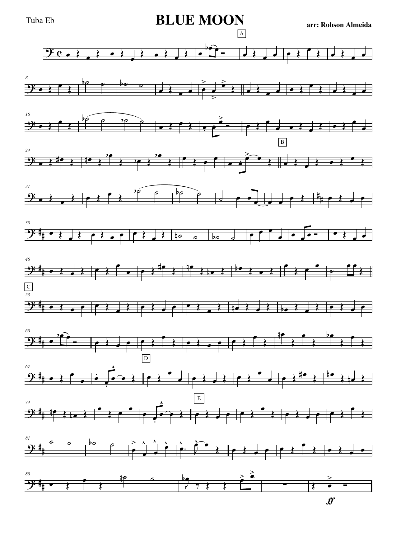 Blue Moon - bass C — concert_band sheet music arranged by Robson Almeida | Jazz Standard