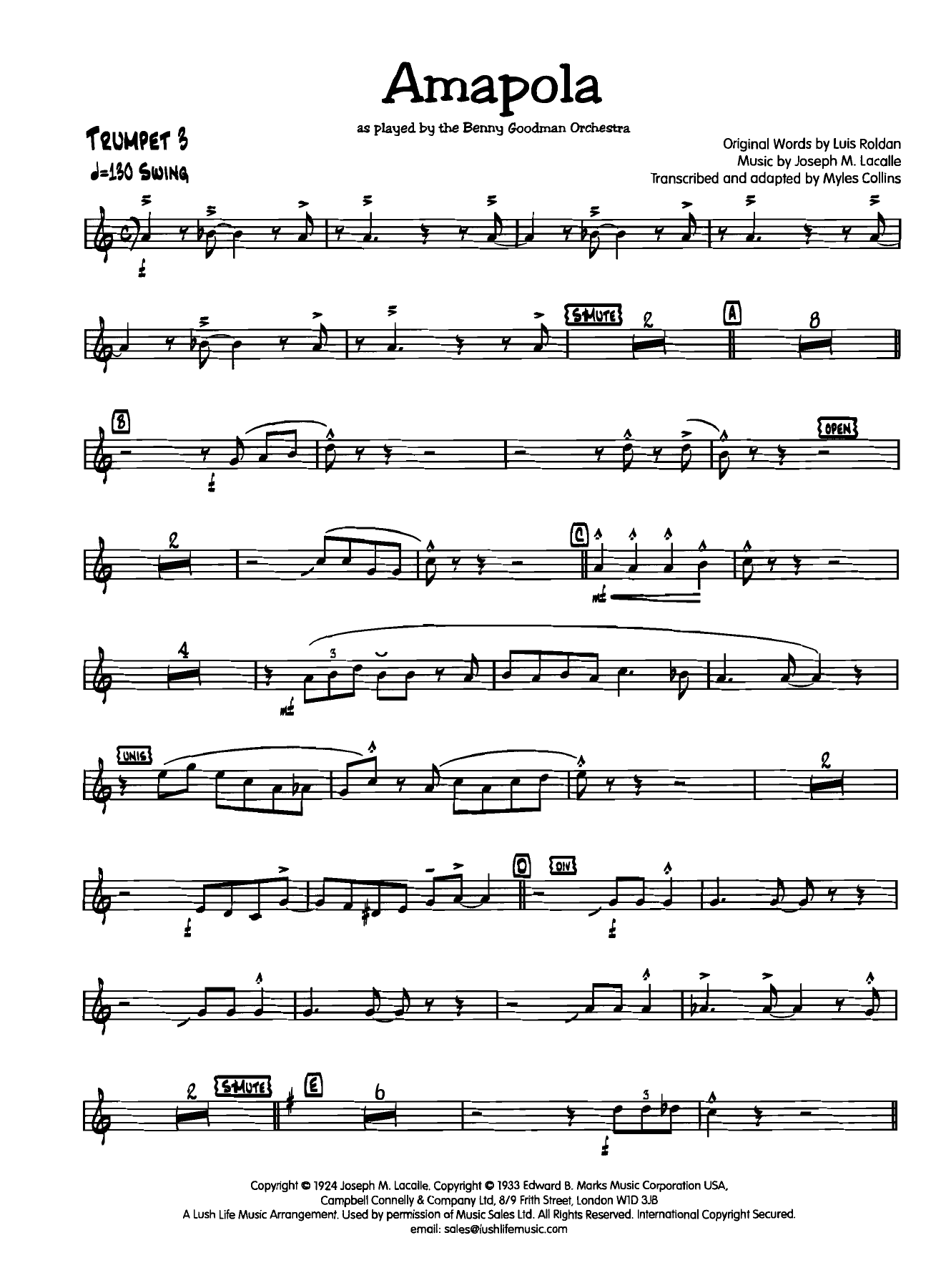 Amapola 3 Trumpet — big_band_vocal sheet music arranged by Myles Collins | Latin Jazz