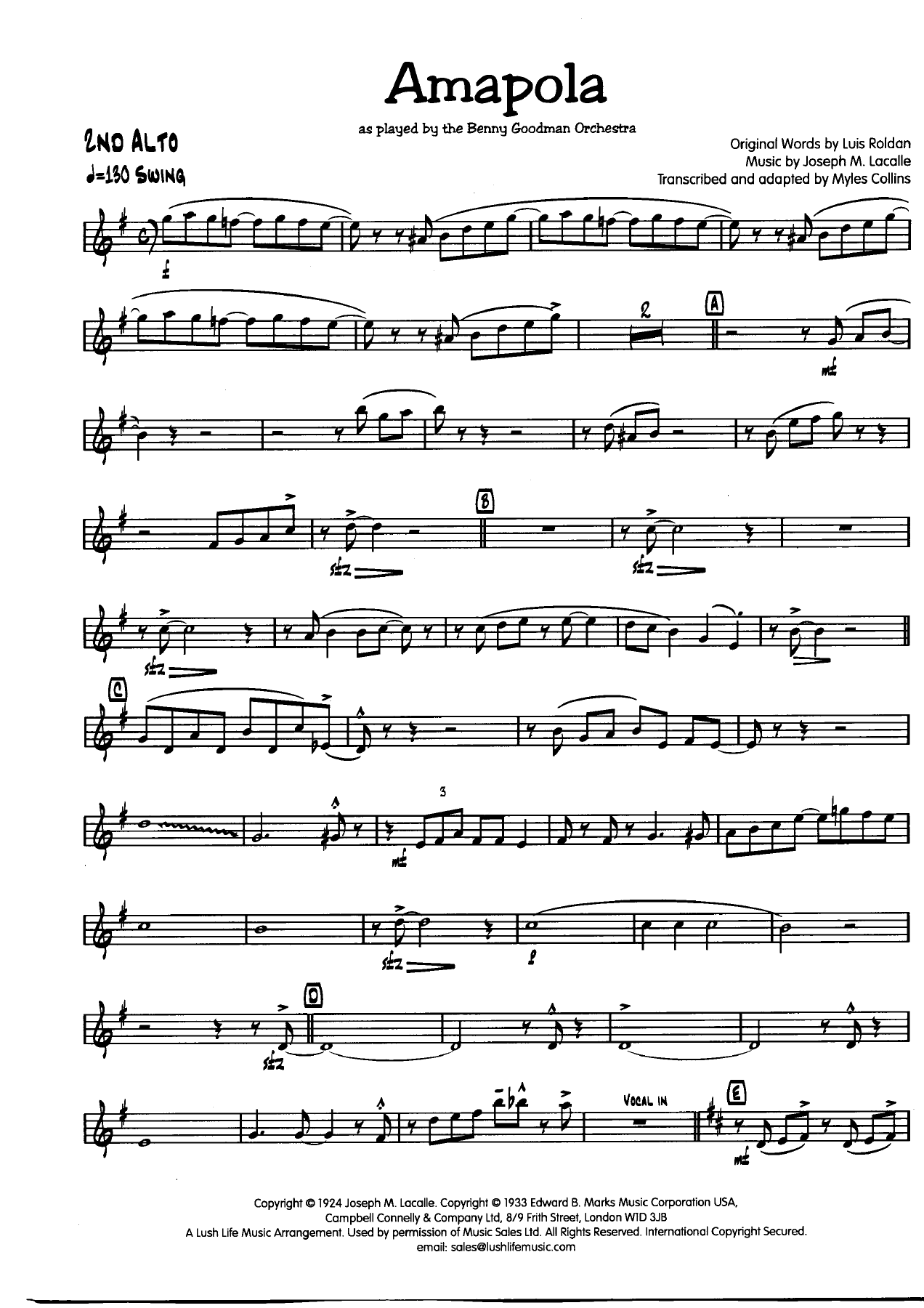 Amapola 2 Alto001 — big_band_vocal sheet music arranged by Myles Collins | Latin Jazz