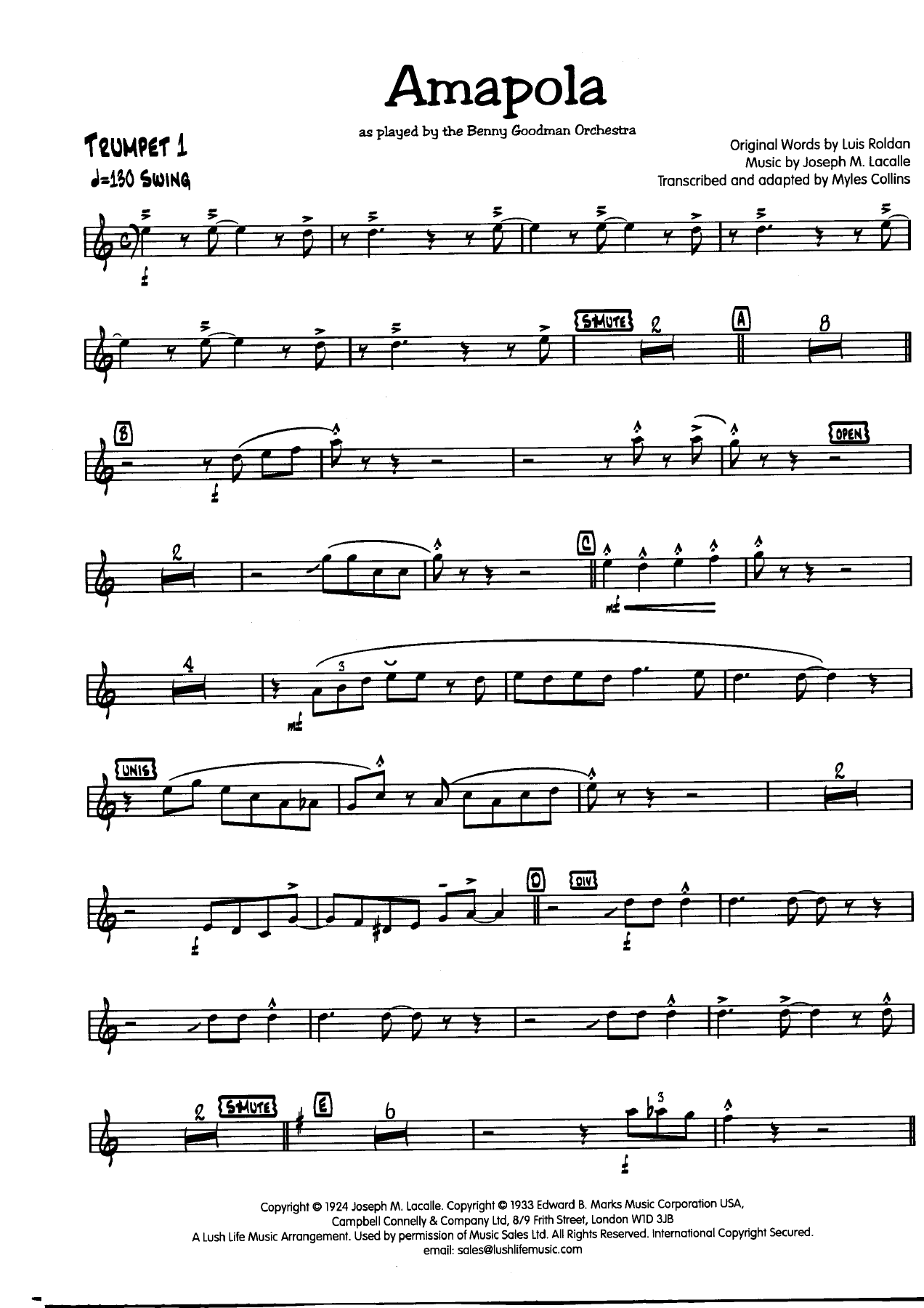 Amapola 1Trumpet001 — big_band_vocal sheet music arranged by Myles Collins | Latin Jazz
