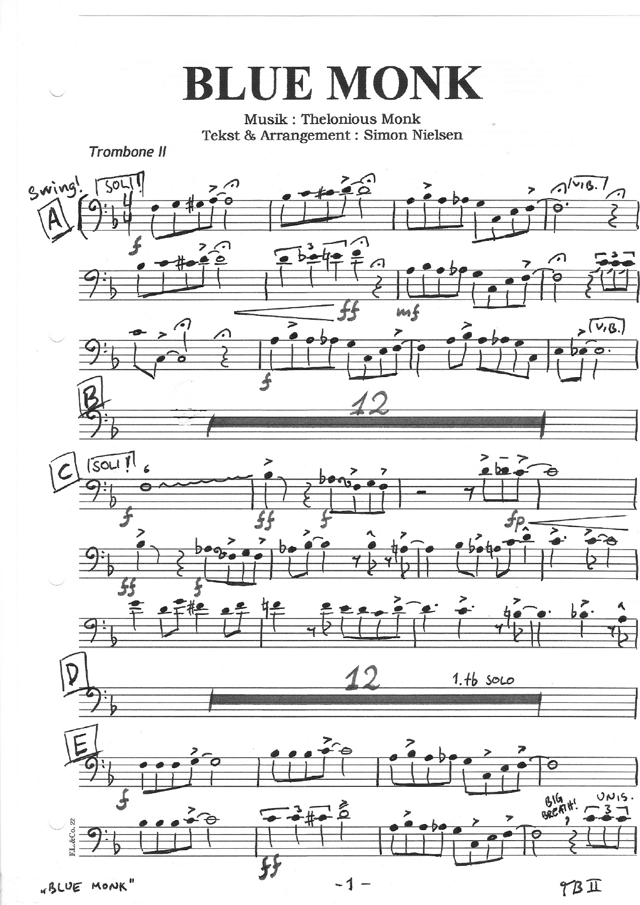 12 Blue Monk Trombone — sheet music cover (first page)
