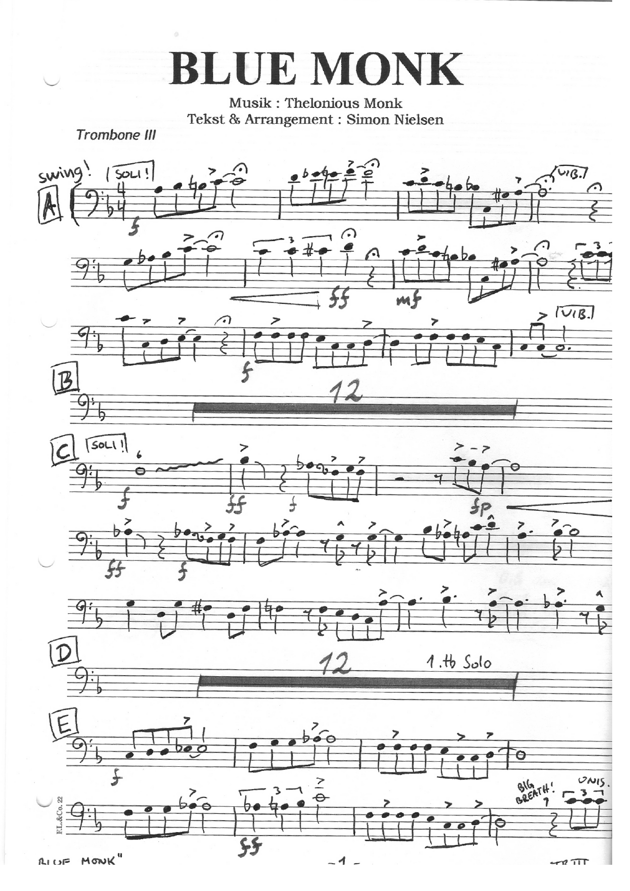 13 Blue Monk Trombone — sheet music cover (first page)