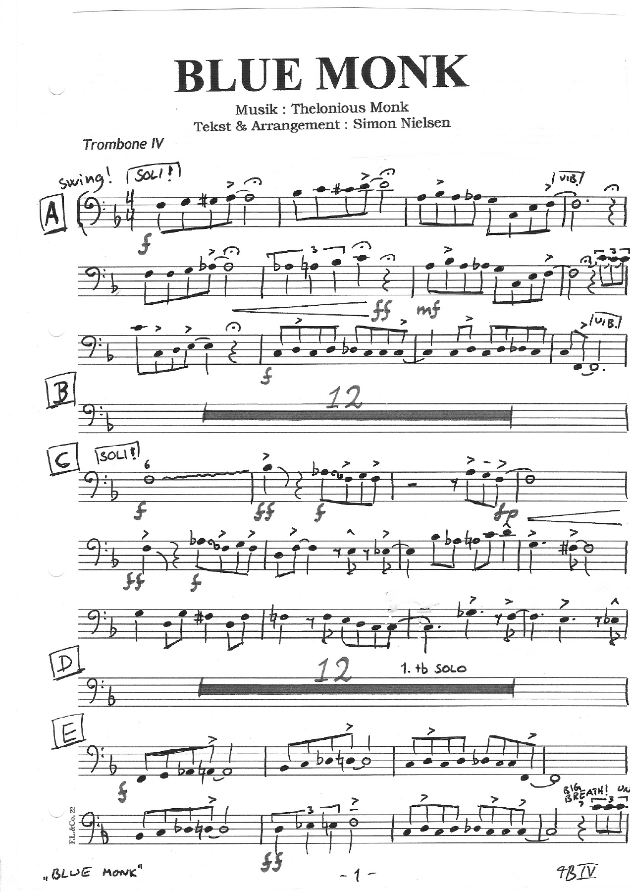 14 Blue Monk Trombone — sheet music cover (first page)