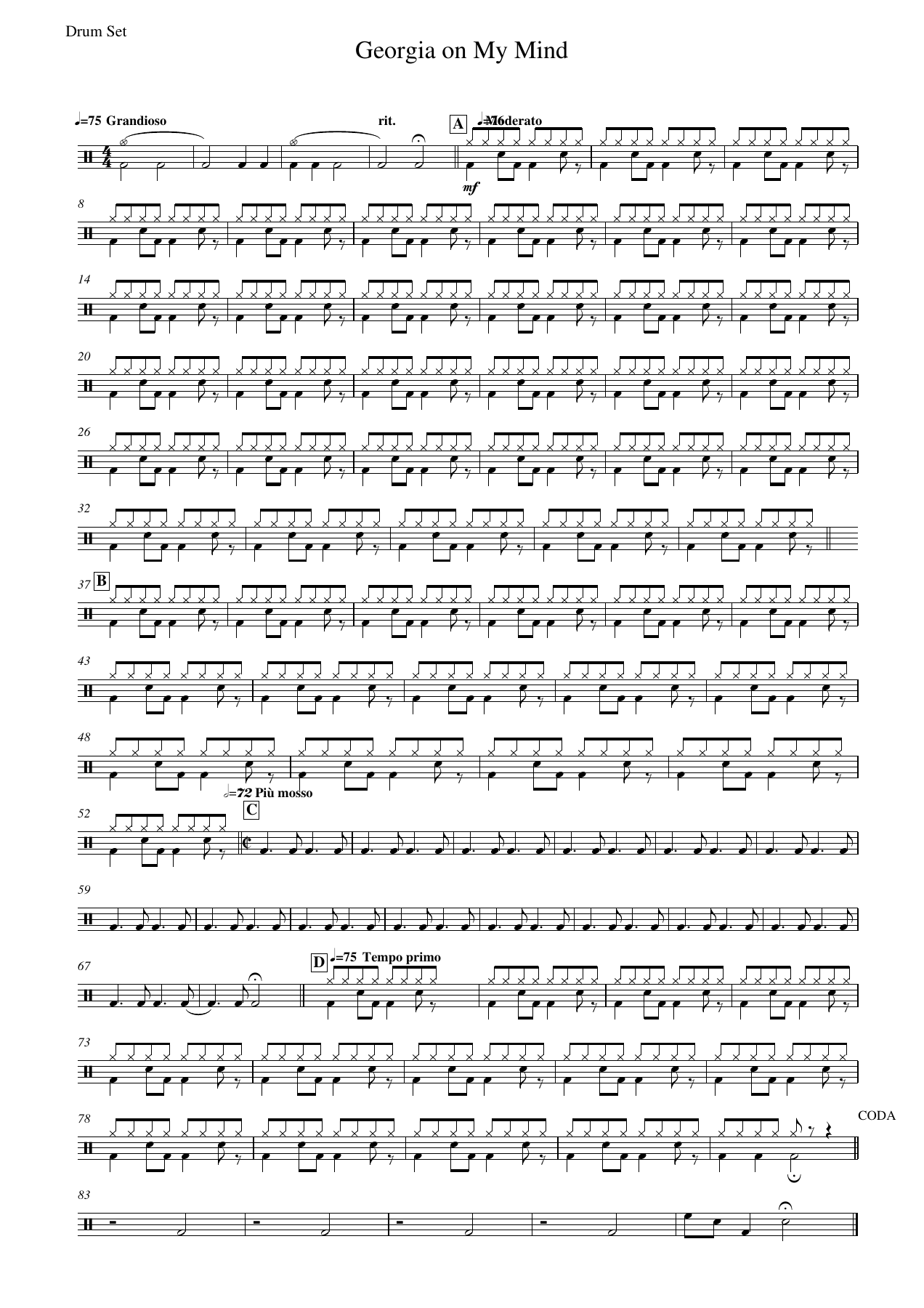 Georgia on My Mind Drum Set — sheet music cover (first page)