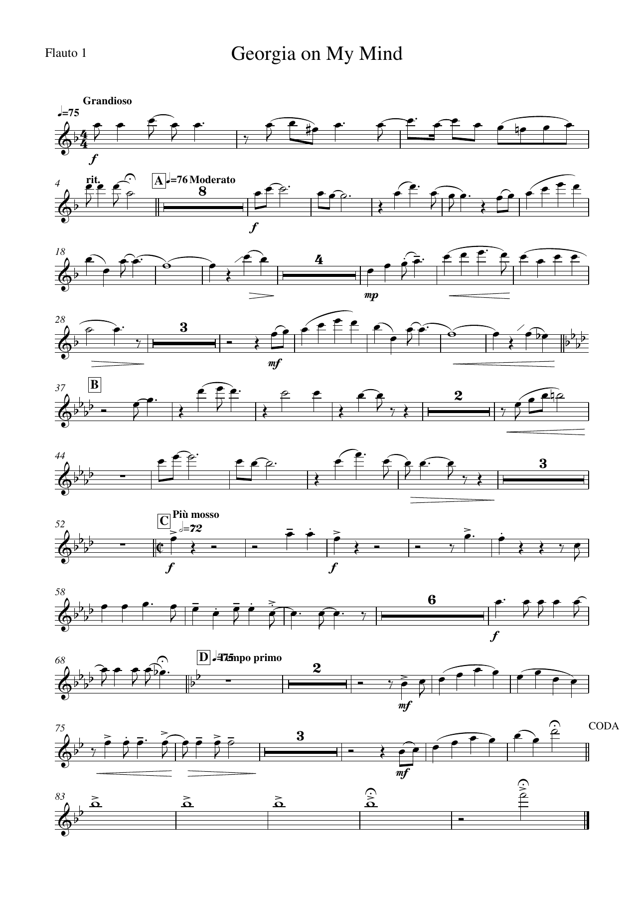 Georgia on My Mind Flauto — concert_band sheet music arranged by Mr. X | Jazz Standard