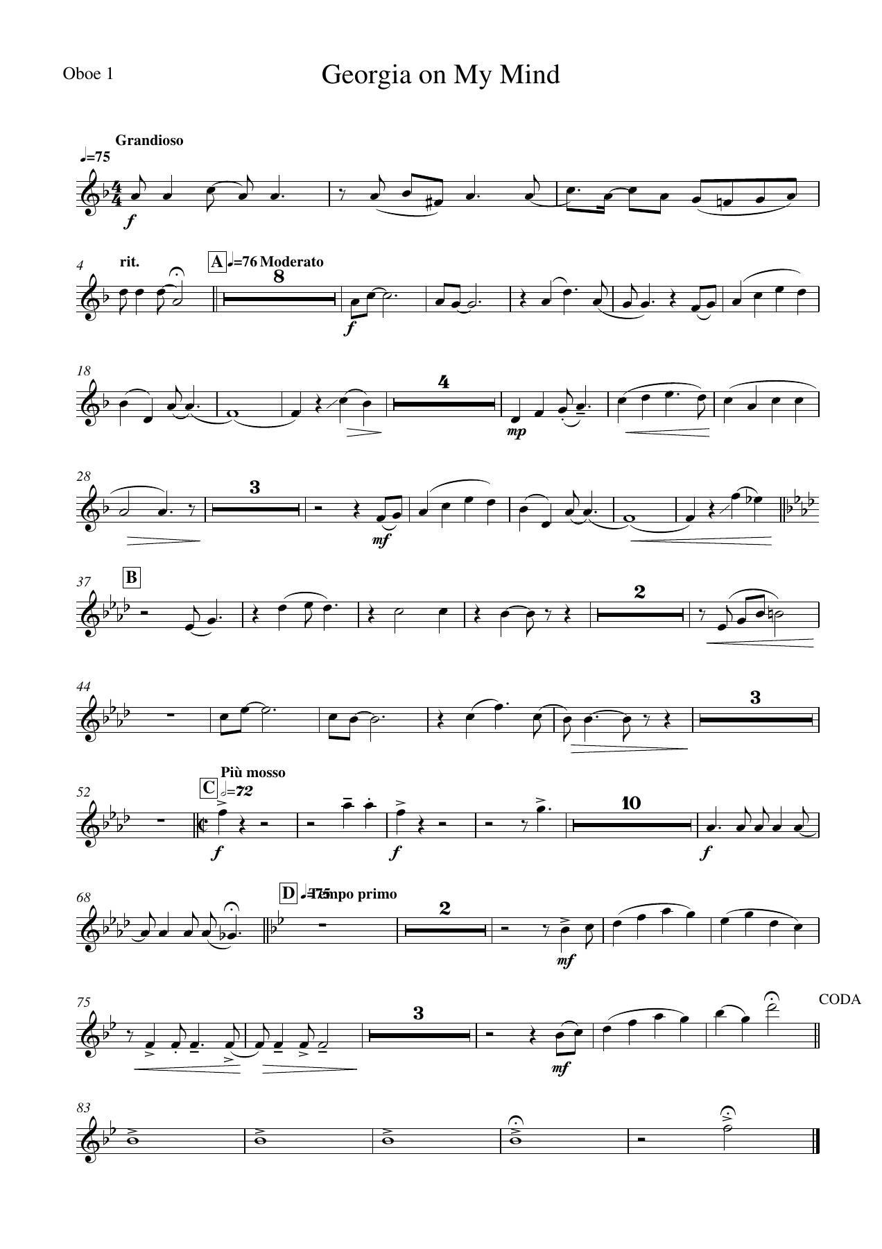 Georgia on My Mind Oboe — sheet music cover (first page)