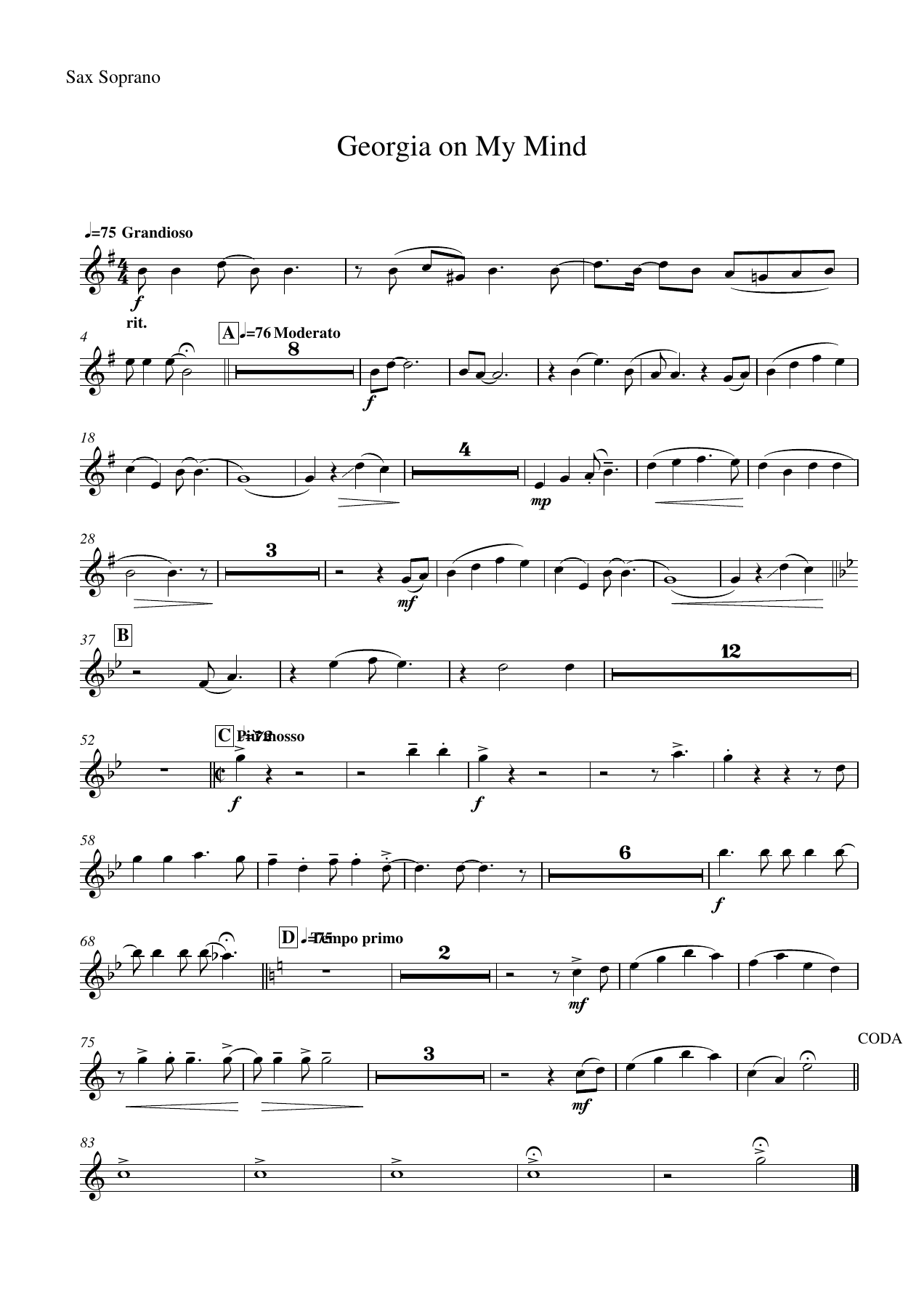 Georgia on My Mind Sax Soprano — concert_band sheet music arranged by Mr. X | Jazz Standard