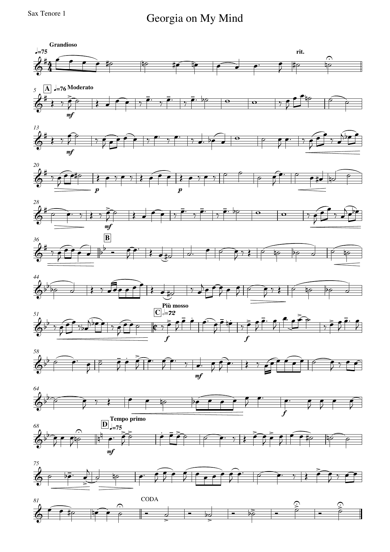 Georgia on My Mind Sax Tenore — sheet music cover (first page)