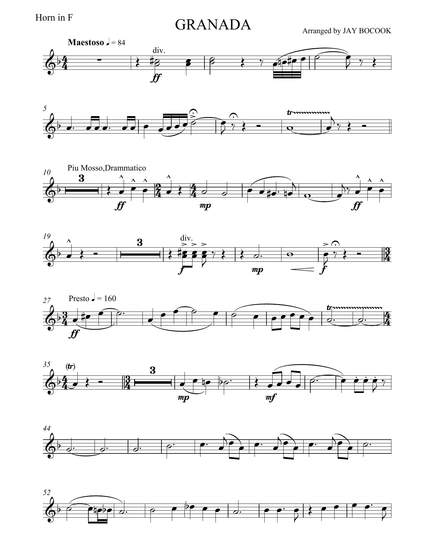 Granada Horn in F — concert_band sheet music arranged by JAY BOCOOK | Latin Jazz