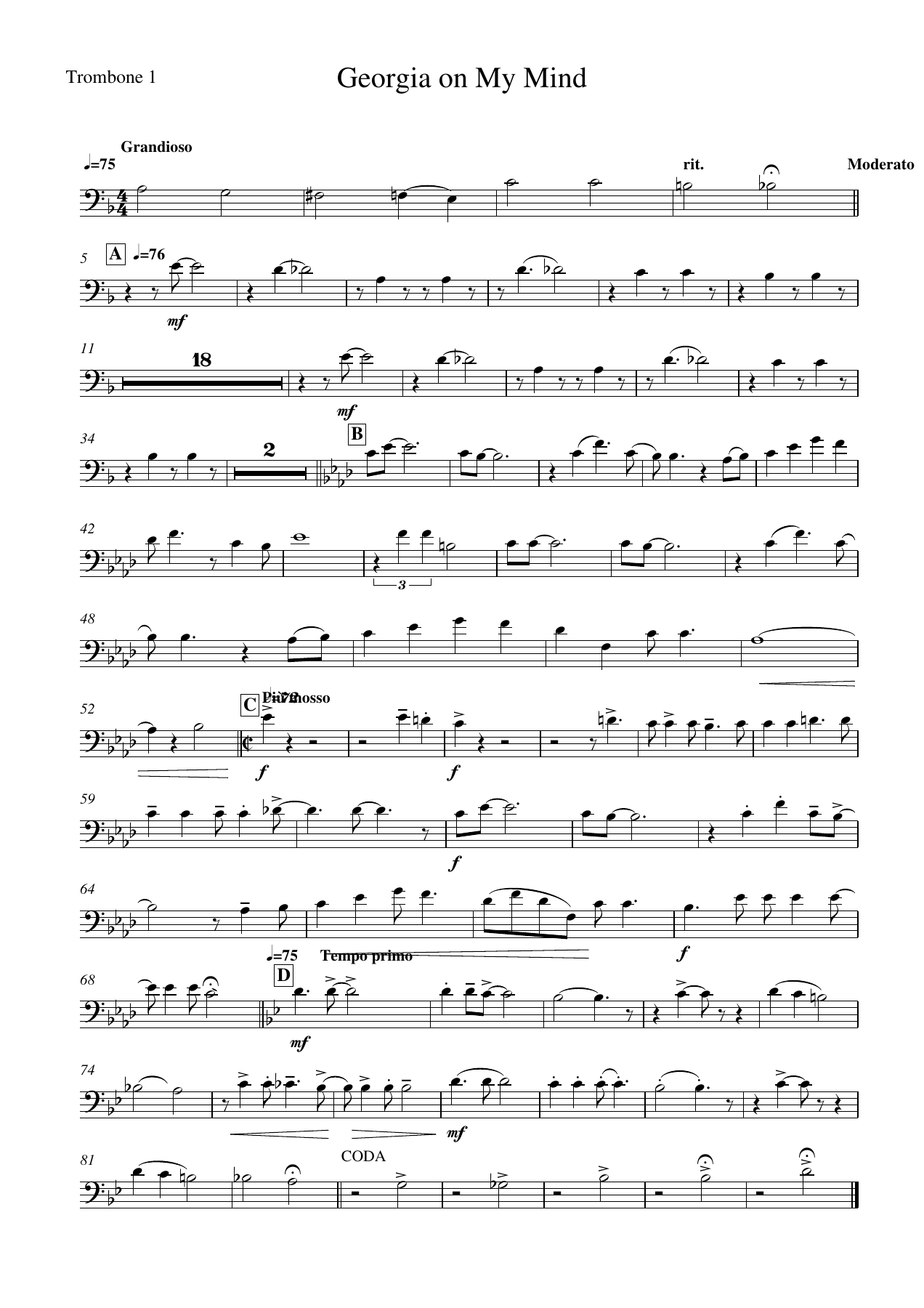 Georgia on My Mind Trombone — sheet music cover (first page)