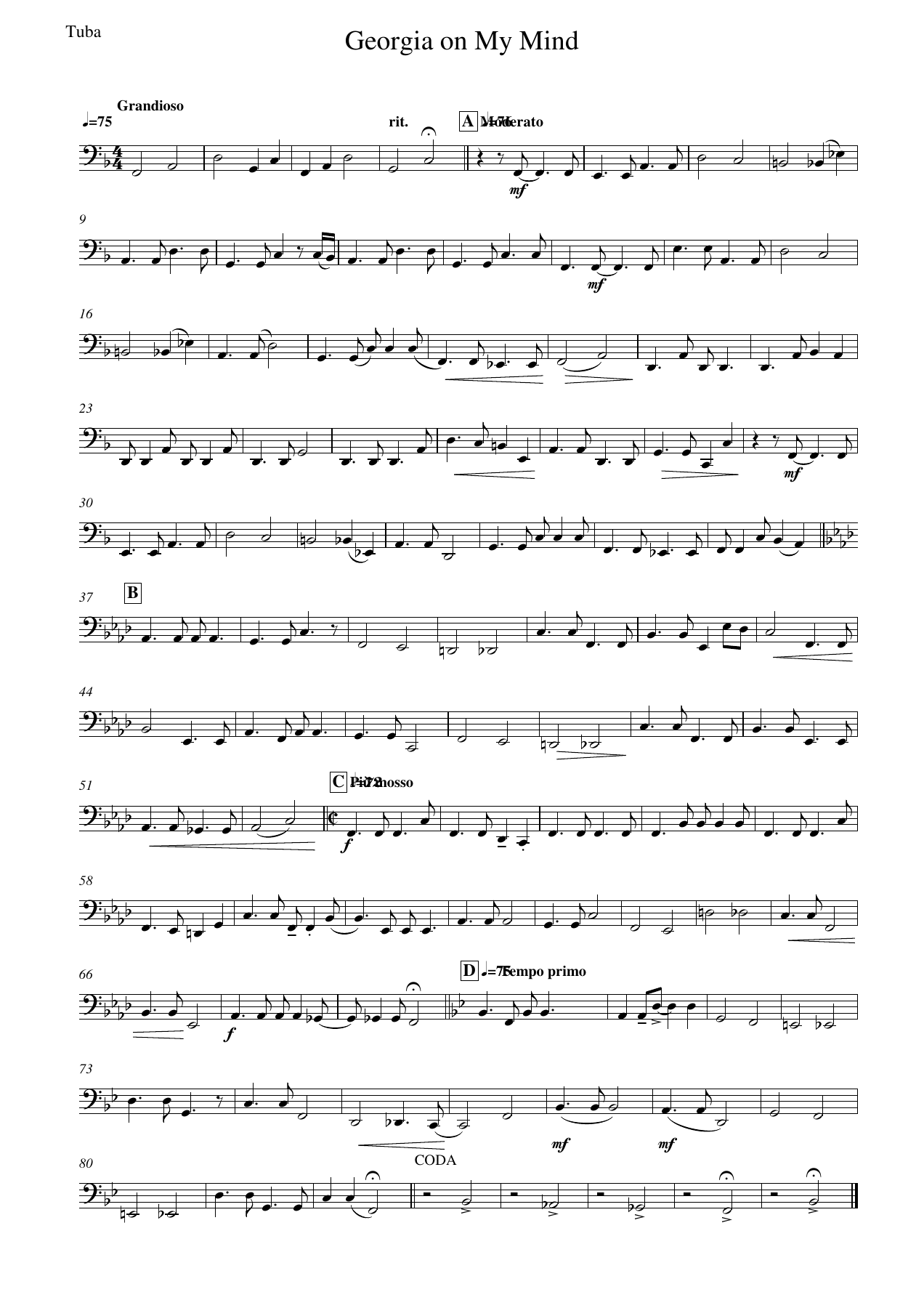 Georgia on My Mind Tuba — concert_band sheet music arranged by Mr. X | Jazz Standard