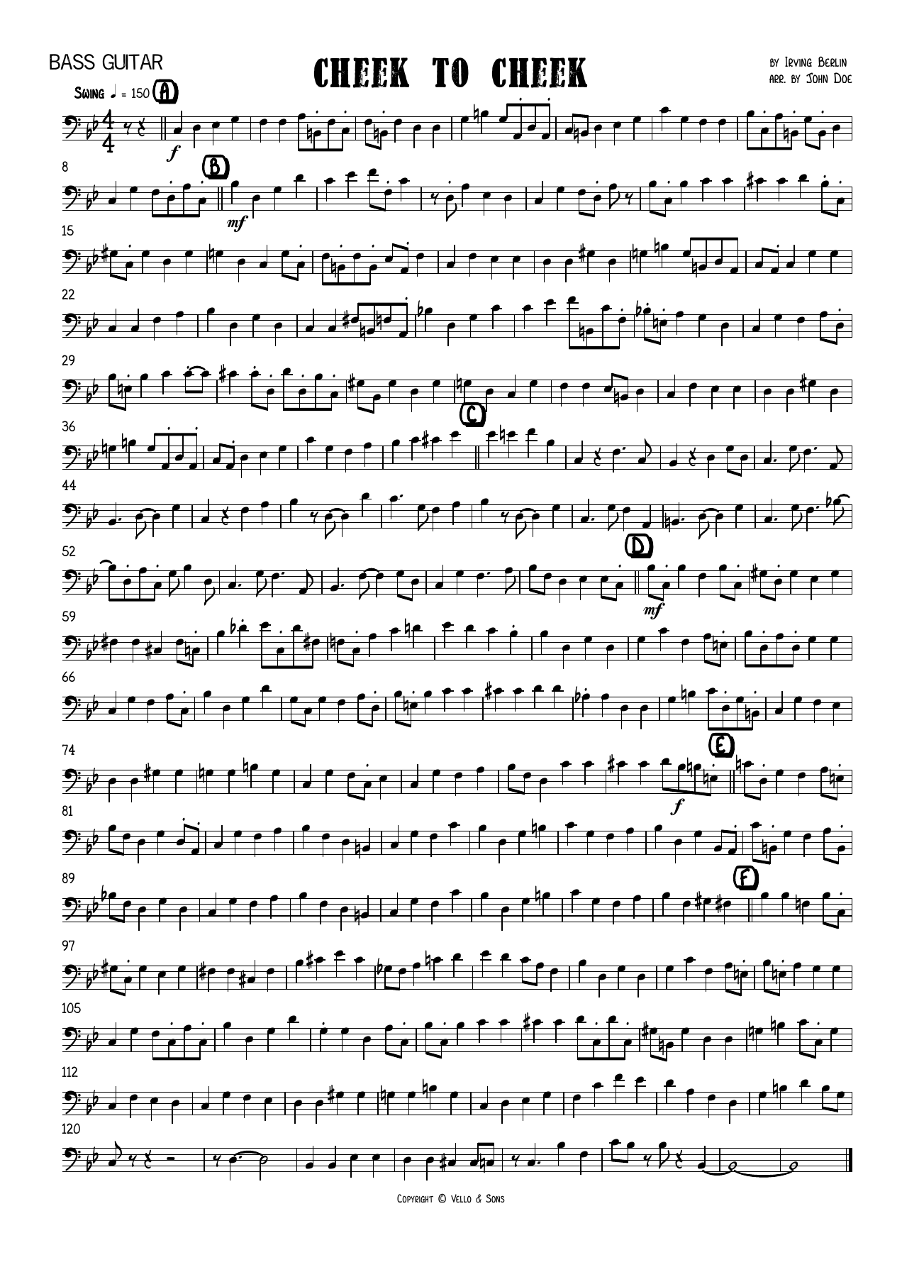 Cheek To Cheek Bass Guitar — big_band_vocal sheet music arranged by JOHN DOE | Jazz Standard