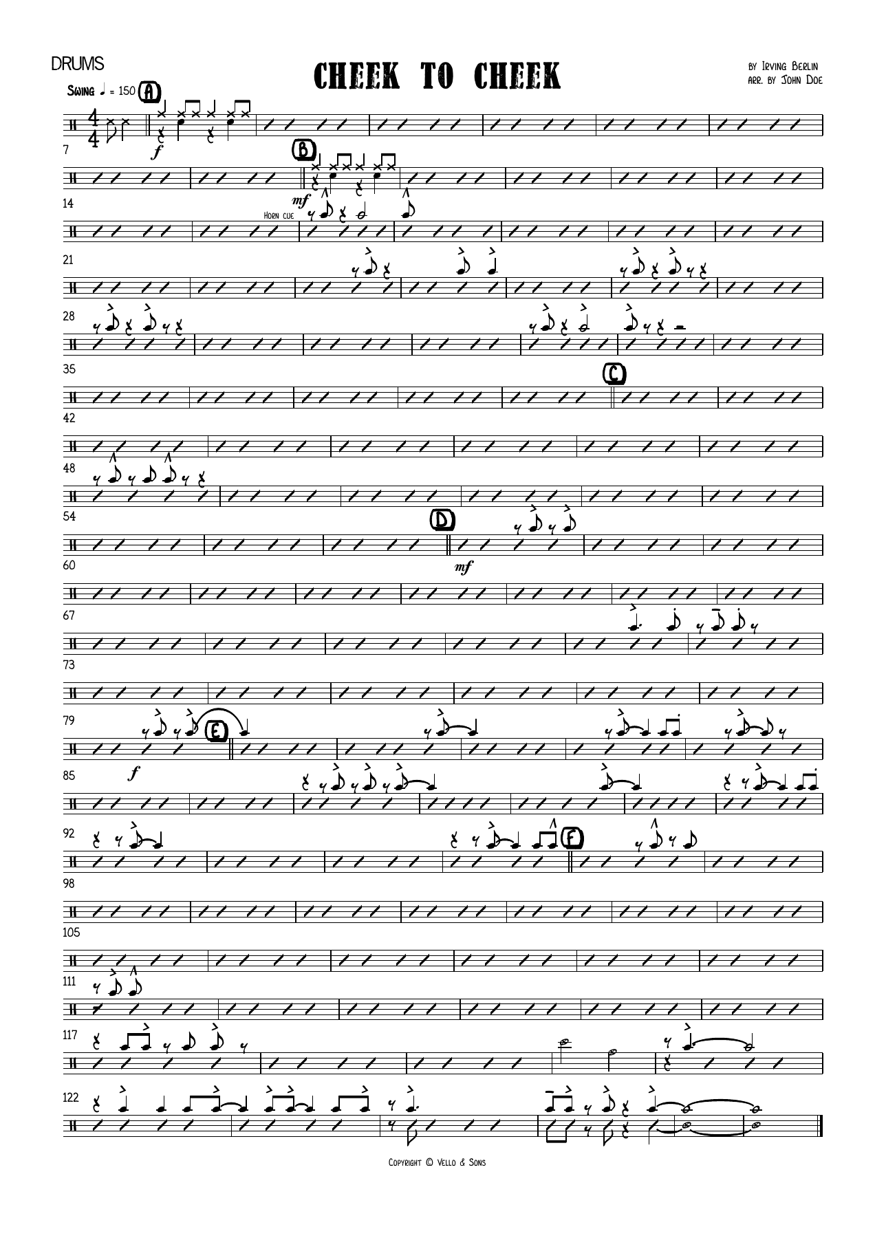 Cheek To Cheek Drums — sheet music cover (first page)