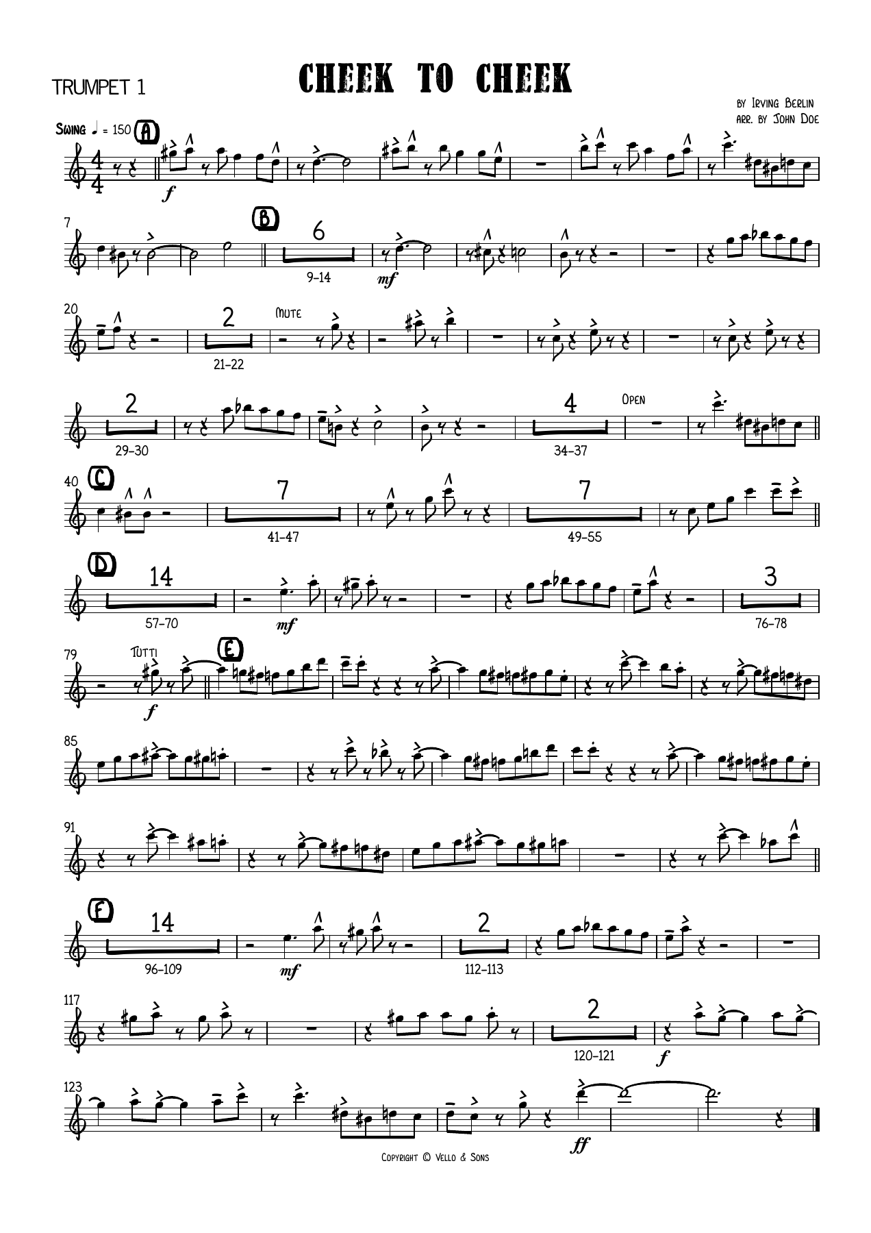 Cheek To Cheek Trumpet — big_band_vocal sheet music arranged by John Doe | Jazz Standard