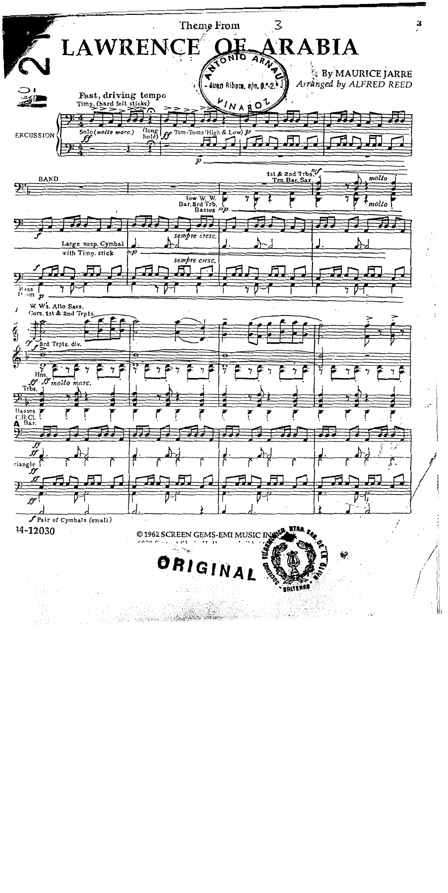 Lawrence of Arabia — sheet music cover (first page)